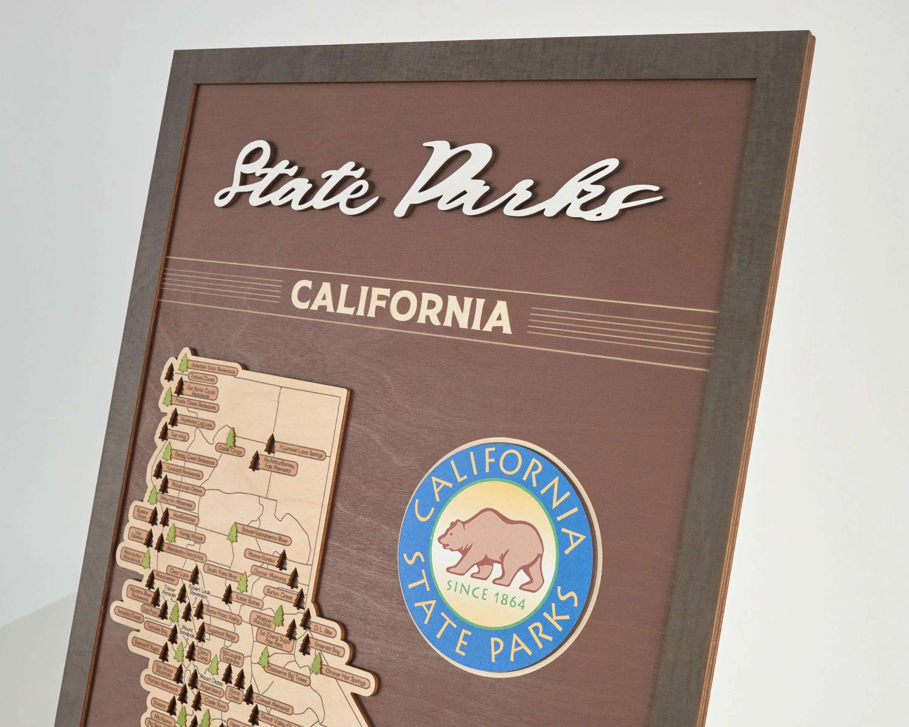 US Wooden California State Parks Map With Trees To Record Park Visits (Coffee)