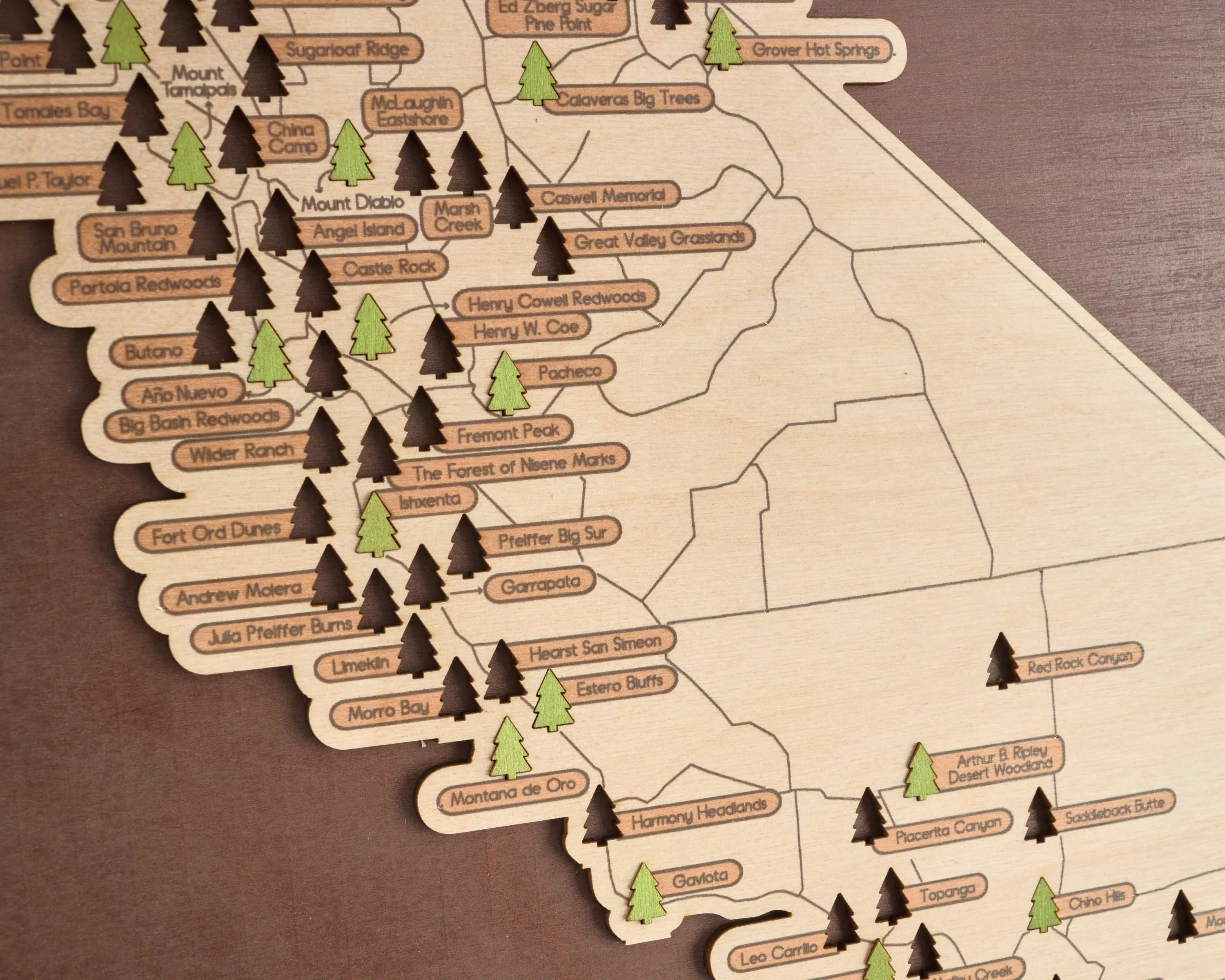 US Wooden California State Parks Map With Trees To Record Park Visits (Coffee)