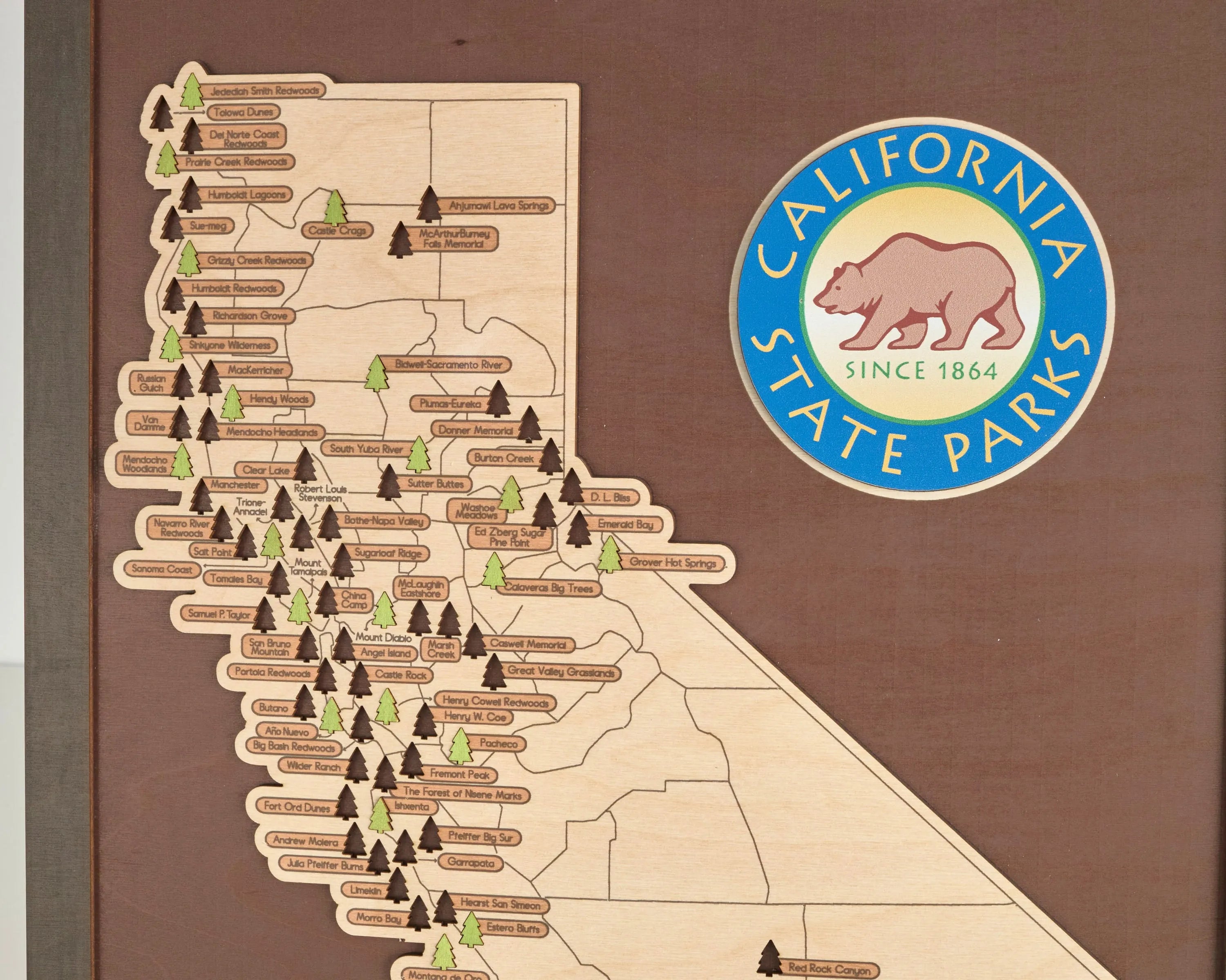 US Wooden California State Parks Map With Trees To Record Park Visits (Coffee)