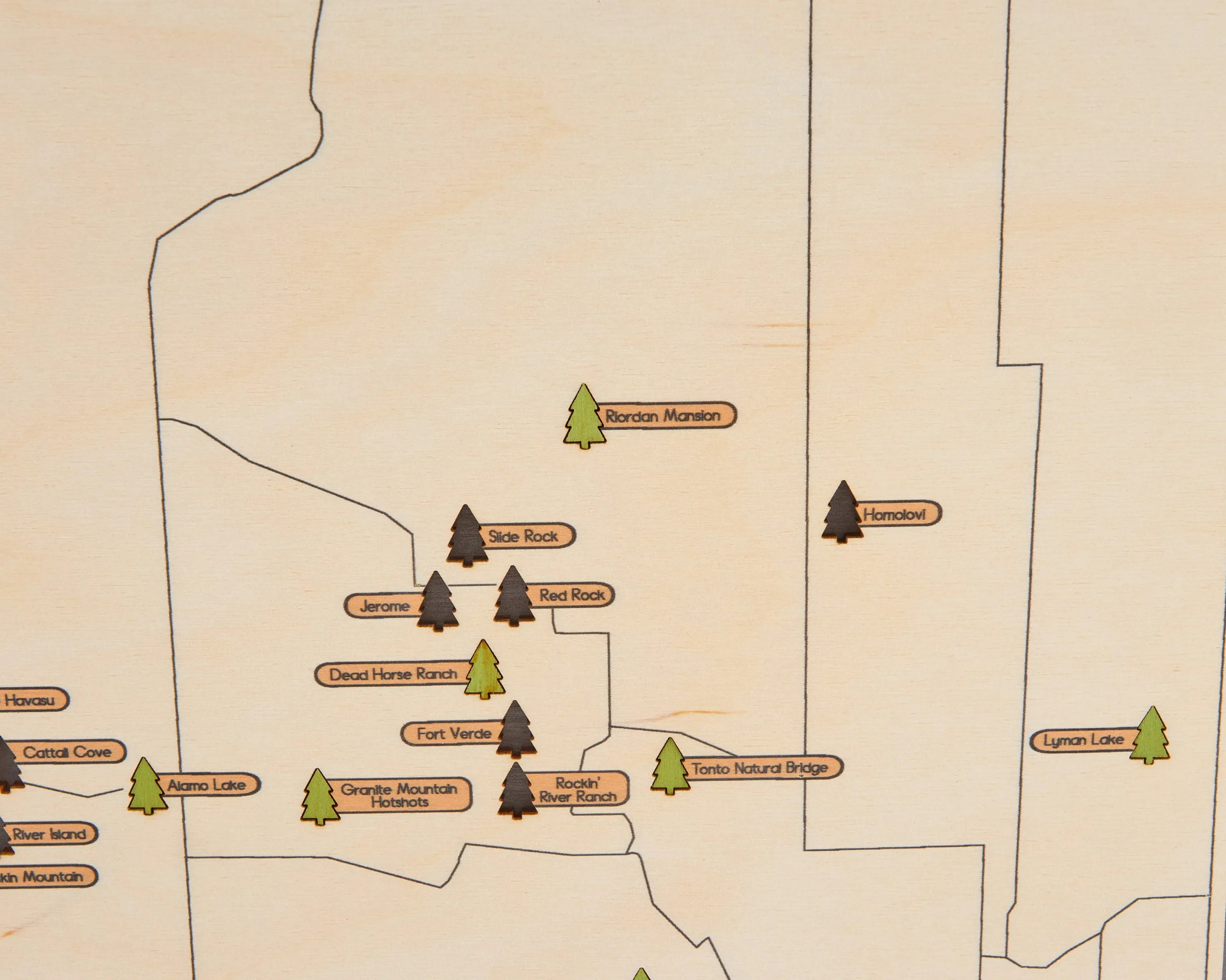 US Wooden Arizona State Parks Map With Trees To Record Park Visits (Light Grey)