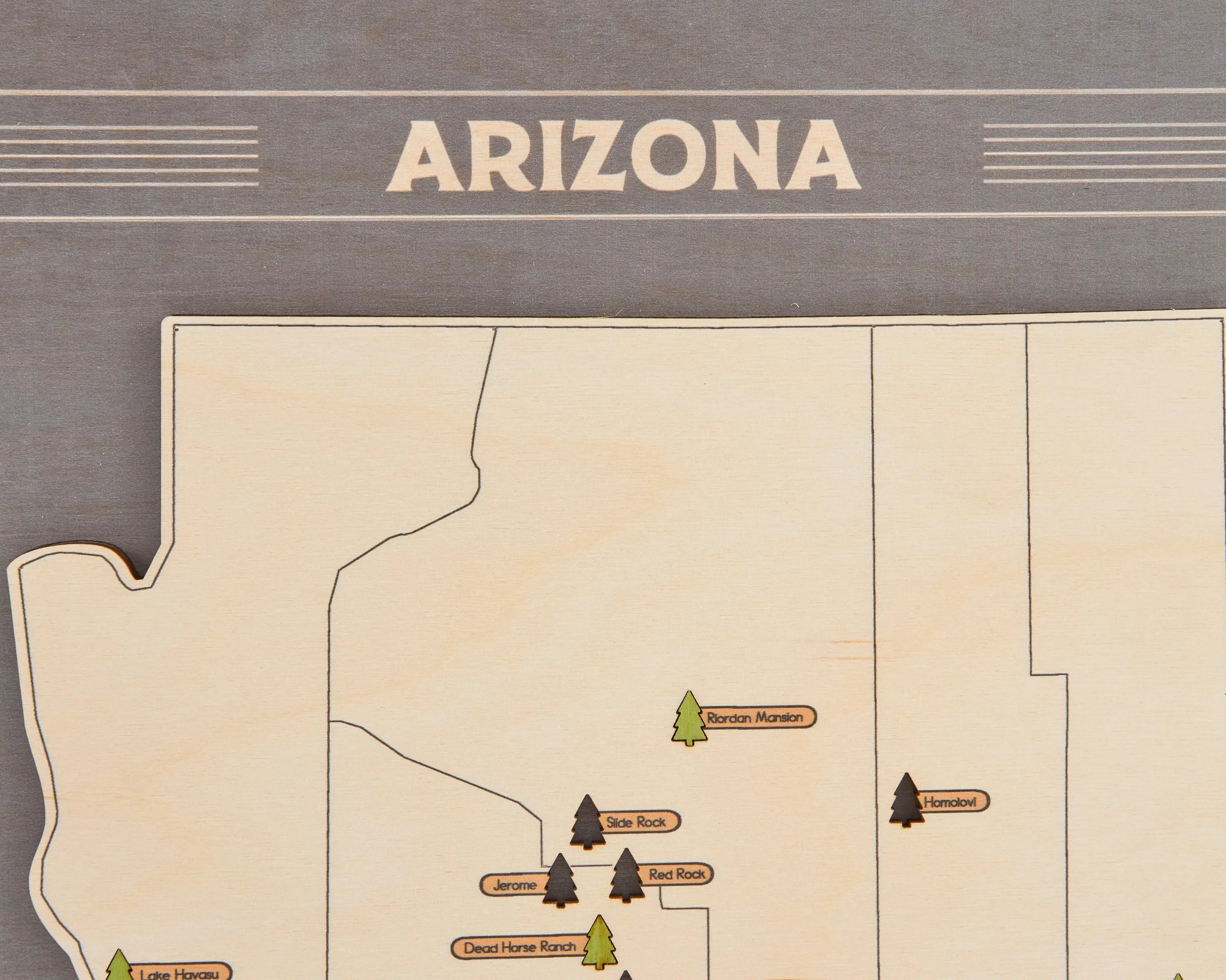 US Wooden Arizona State Parks Map With Trees To Record Park Visits (Light Grey)