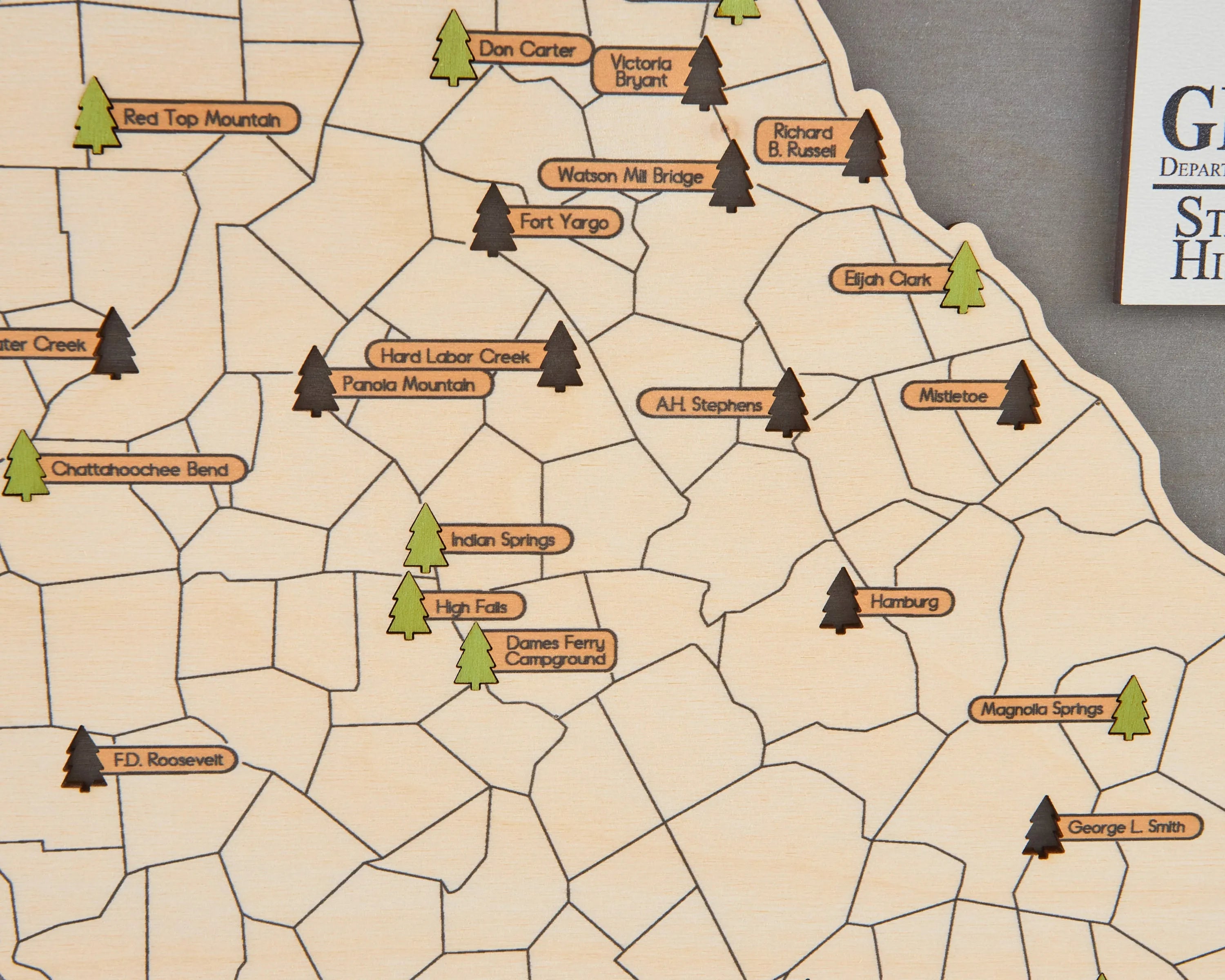 US Wooden Georgia State Parks Map With Trees To Record Park Visits (Light Grey)