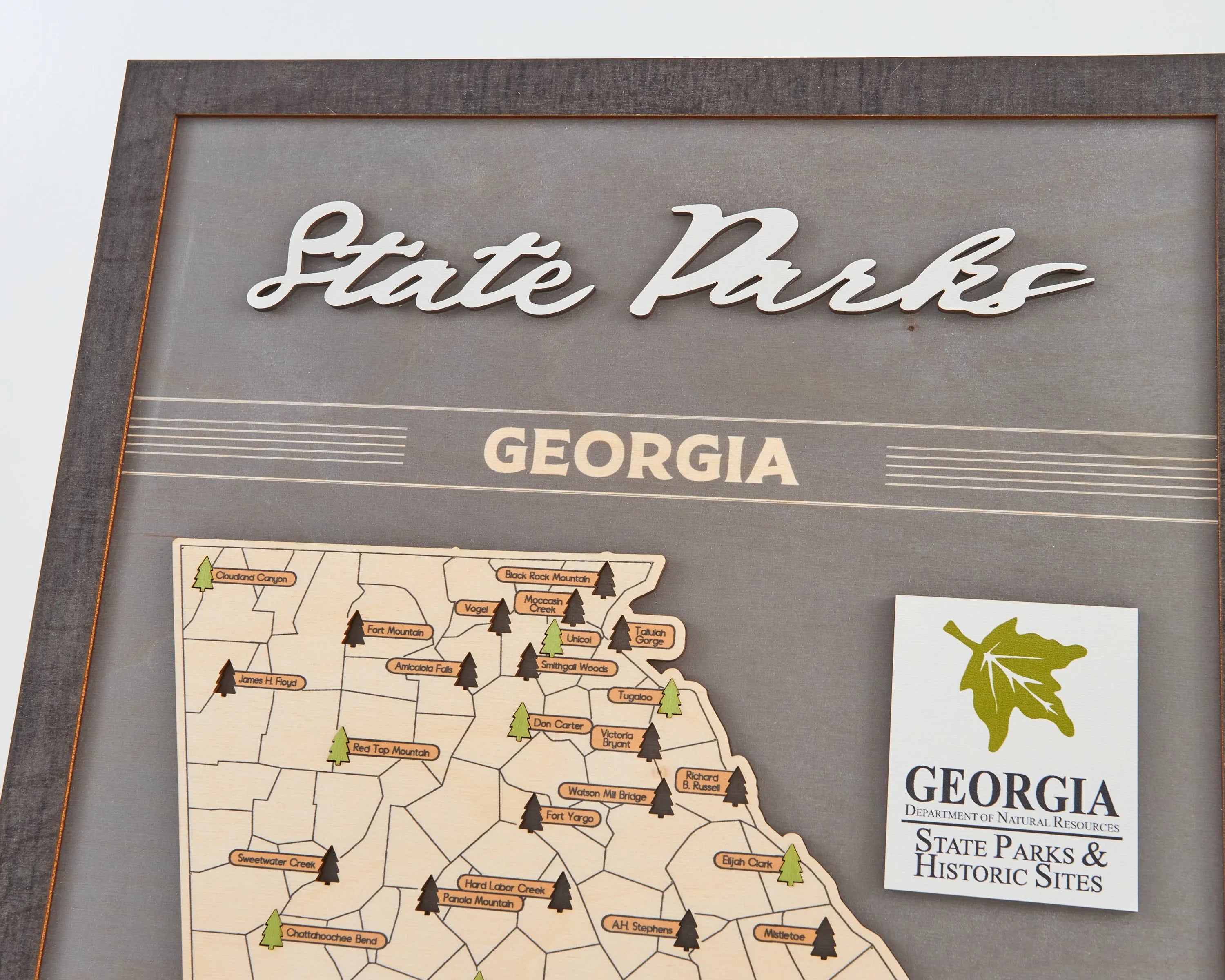 US Wooden Georgia State Parks Map With Trees To Record Park Visits (Light Grey)