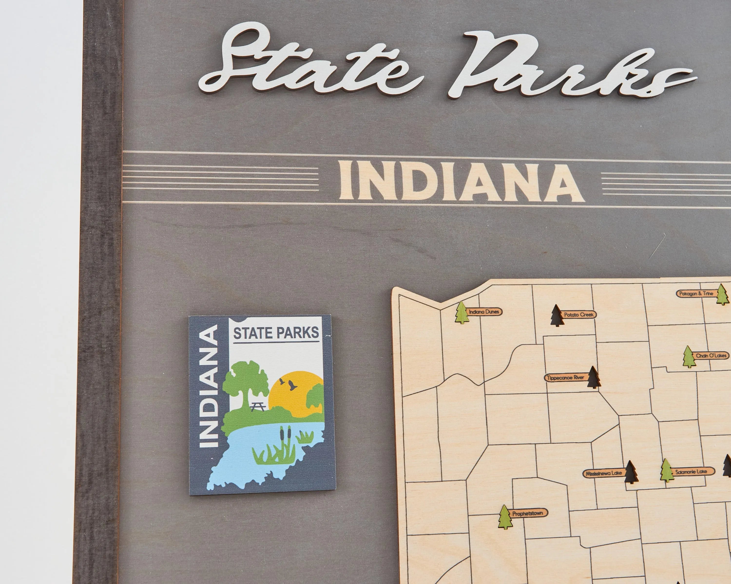 US Wooden Indiana State Parks Map With Trees To Record Park Visits (Light Grey)