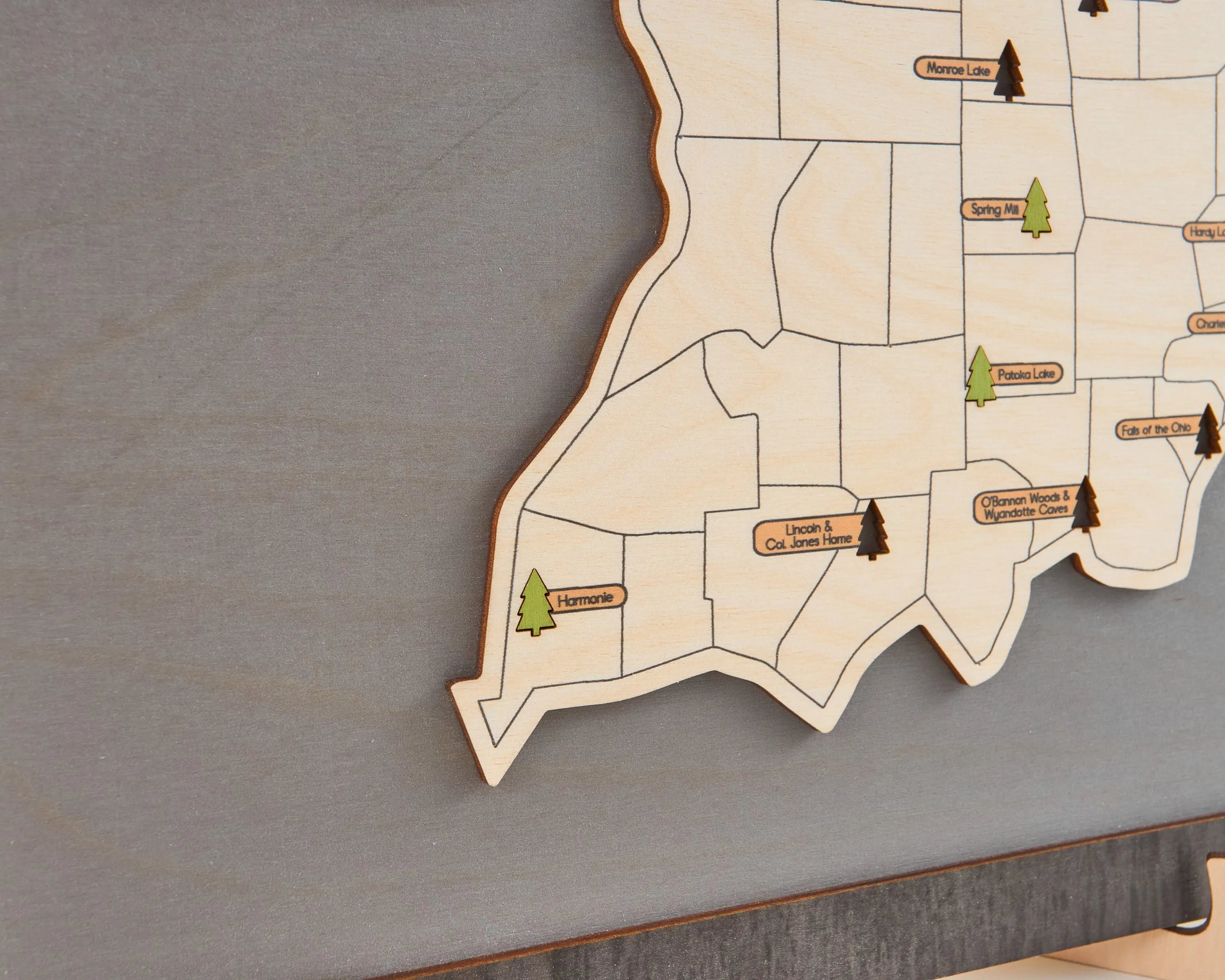 US Wooden Indiana State Parks Map With Trees To Record Park Visits (Light Grey)
