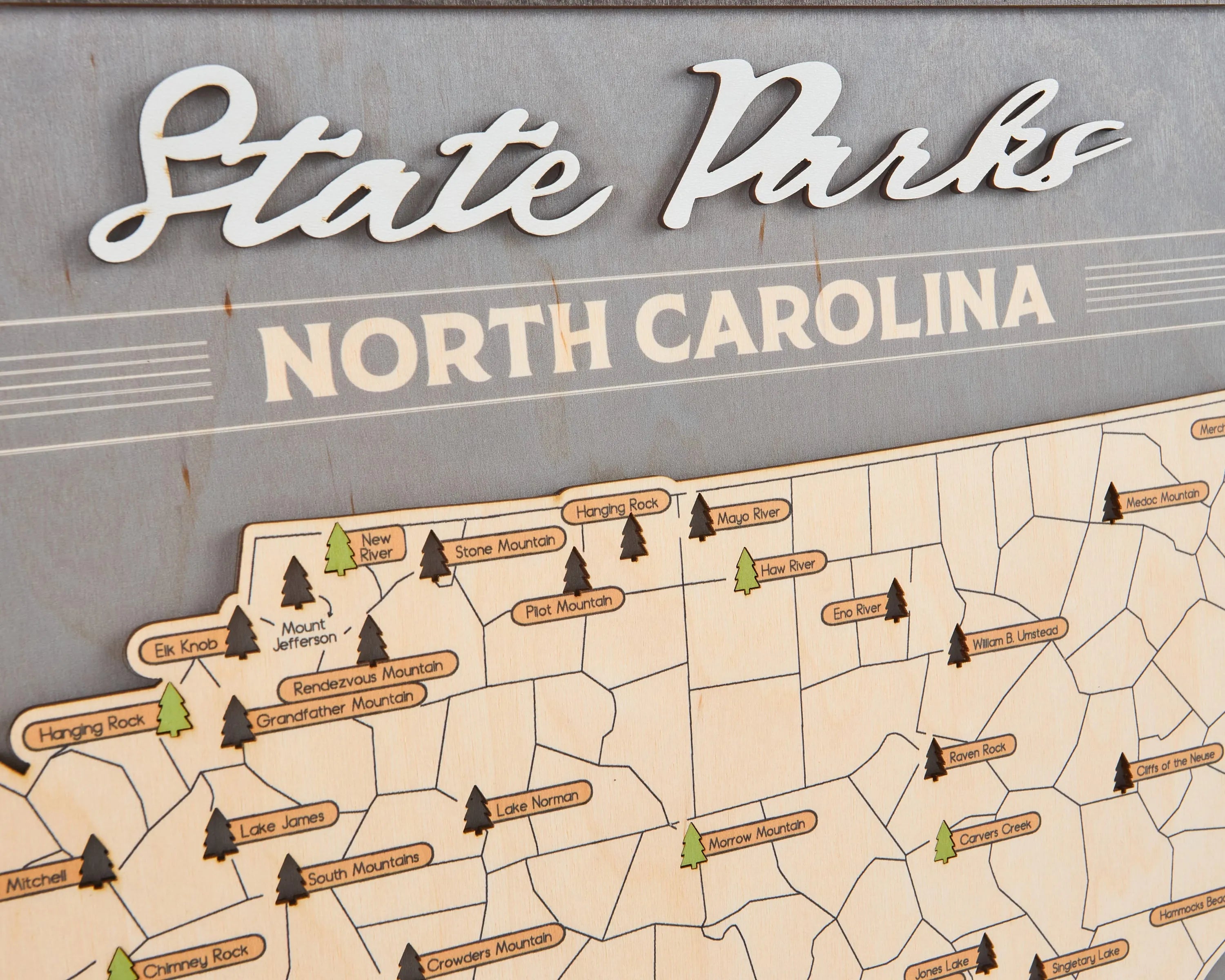US Wooden North Carolina State Parks Map With Trees To Record Park Visits (Light Grey)