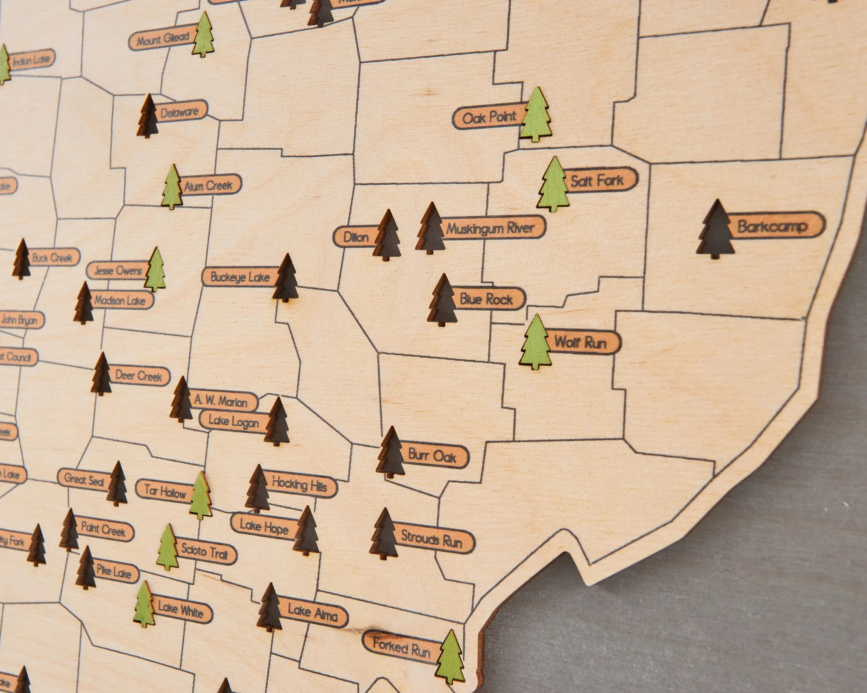 US Wooden Ohio State Parks Map With Trees To Record Park Visits (Light Grey)