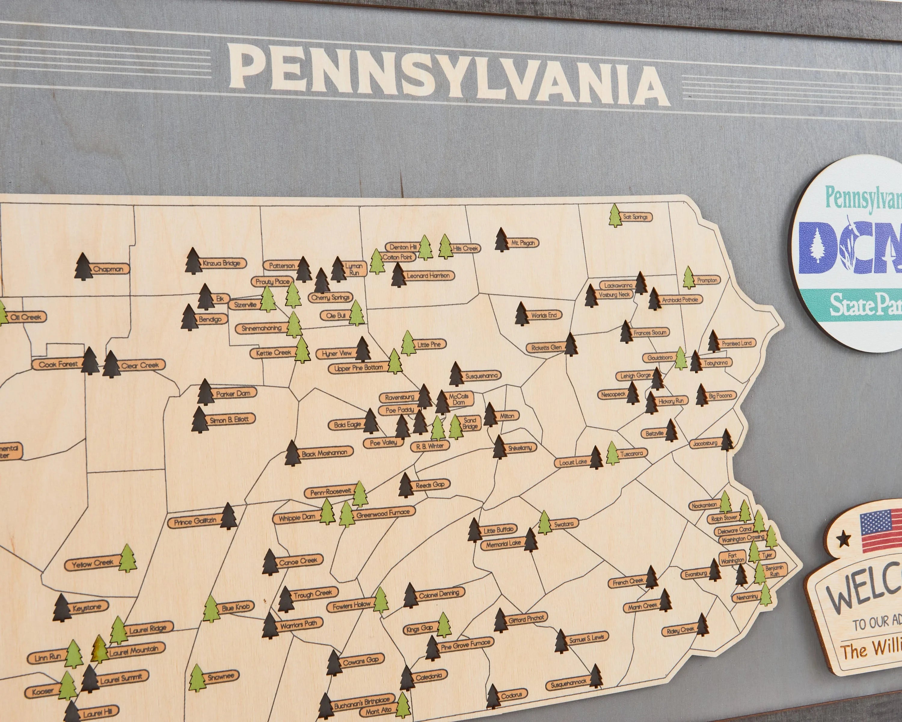 US Wooden Pennsylvania State Parks Map With Trees To Record Park Visits (Light Grey)