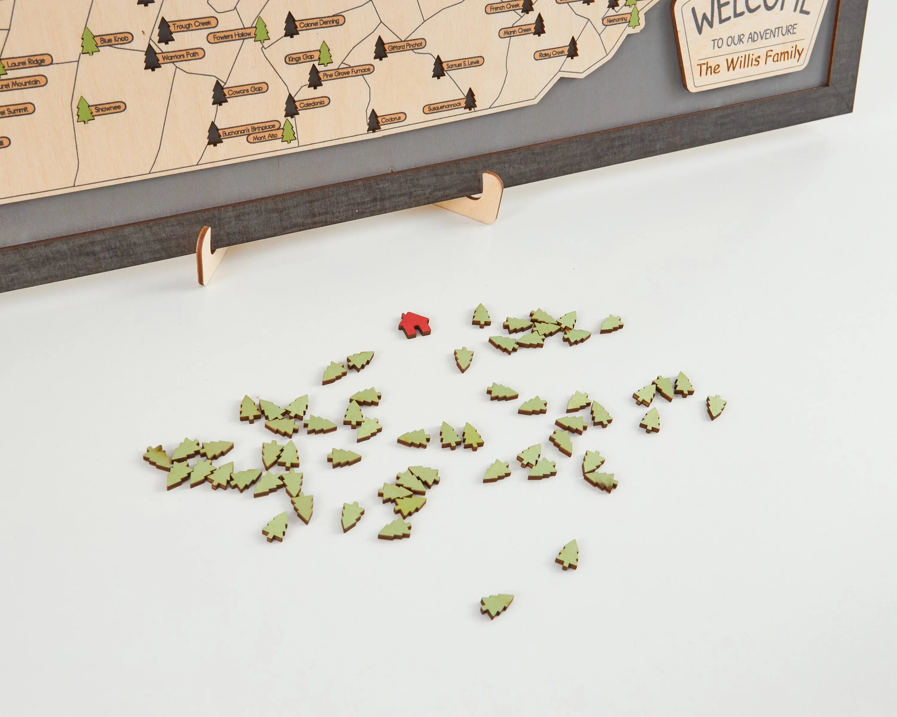 US Wooden Pennsylvania State Parks Map With Trees To Record Park Visits (Light Grey)