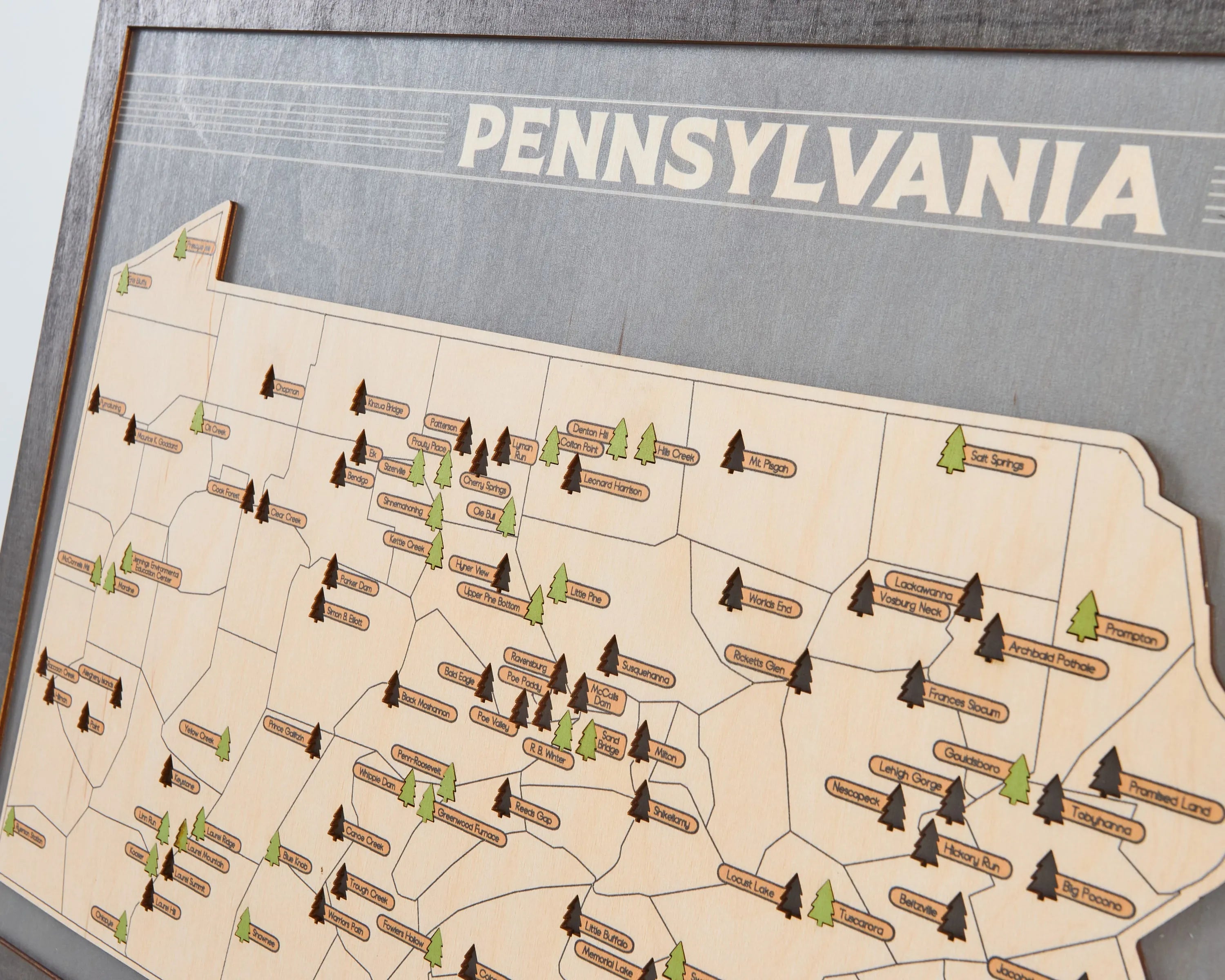 US Wooden Pennsylvania State Parks Map With Trees To Record Park Visits (Light Grey)