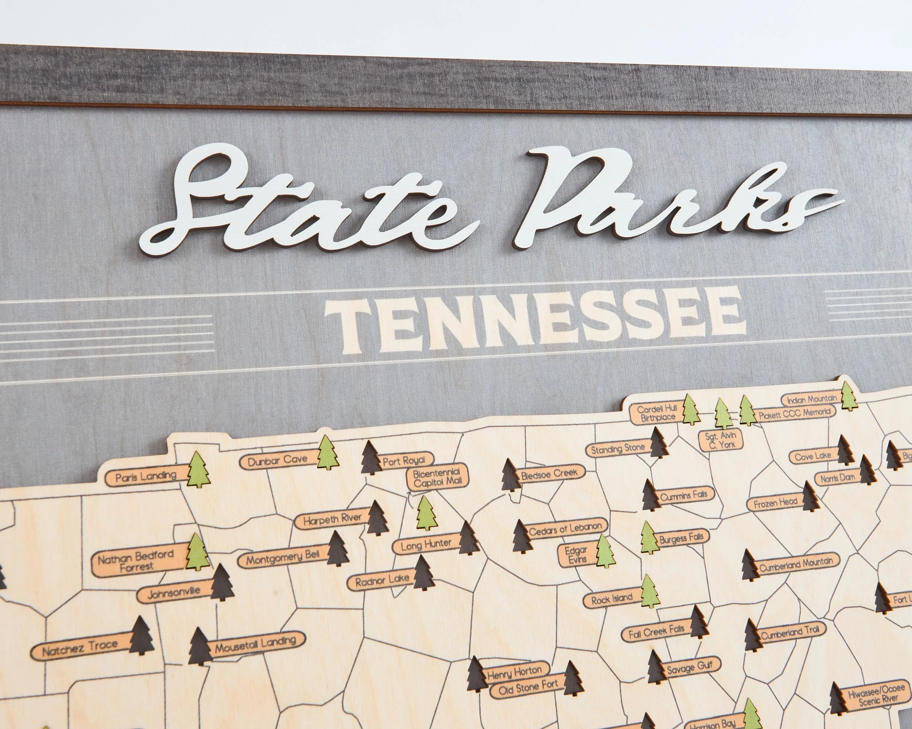US Wooden Tennessee State Parks Map With Trees To Record Park Visits (Light Grey)