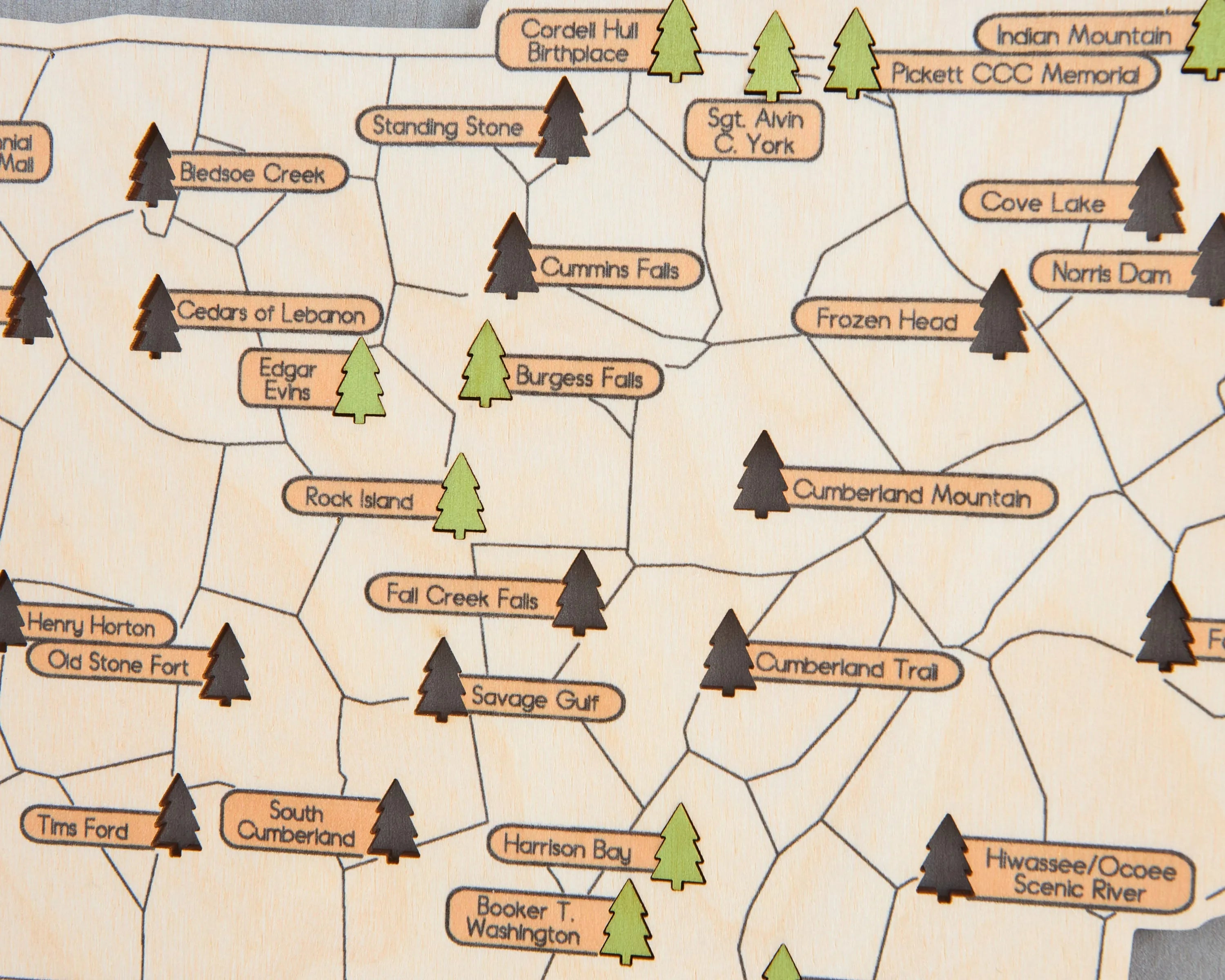 US Wooden Tennessee State Parks Map With Trees To Record Park Visits (Light Grey)