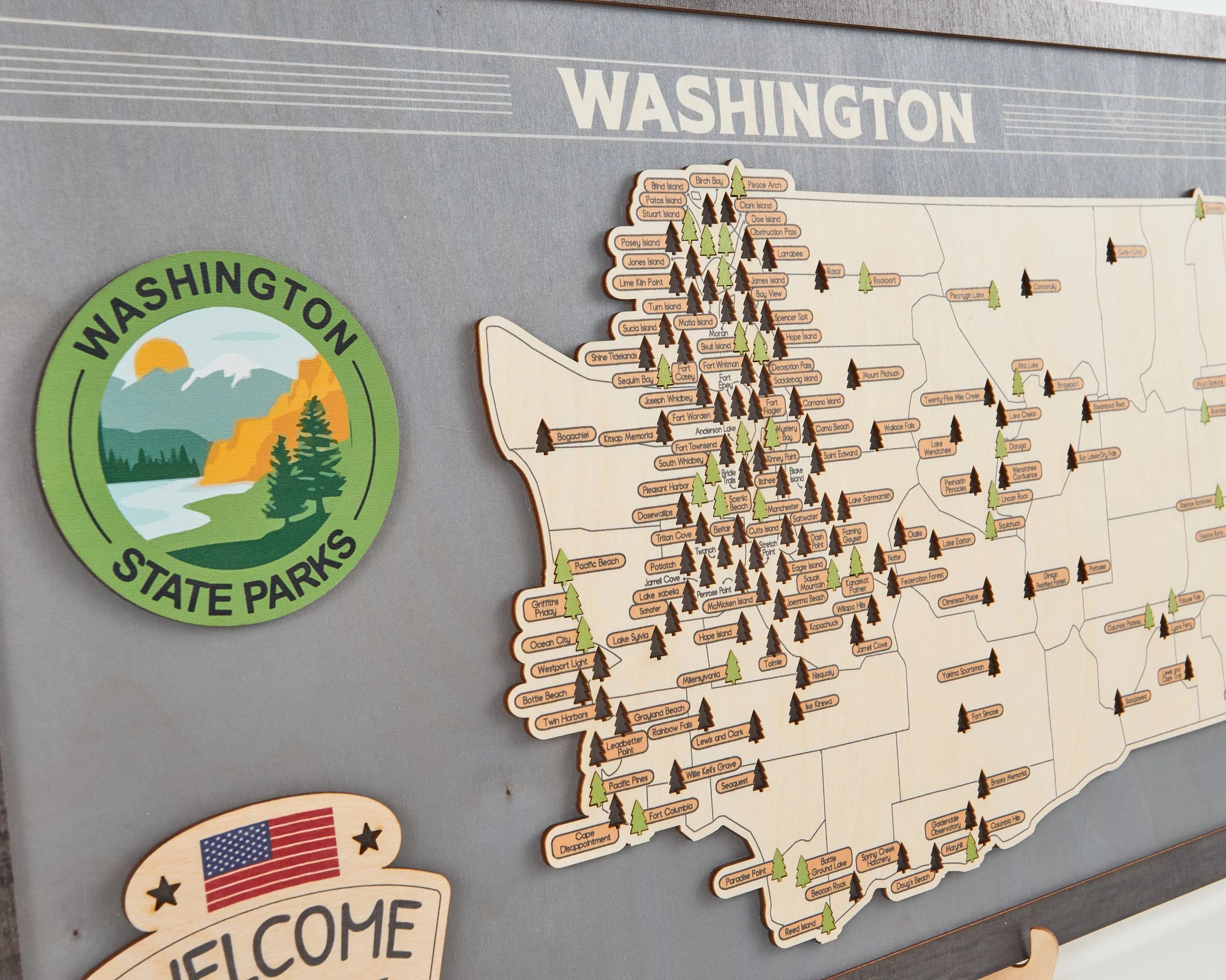 US Wooden Washington State Parks Map With Trees To Record Park Visits (Light Grey)