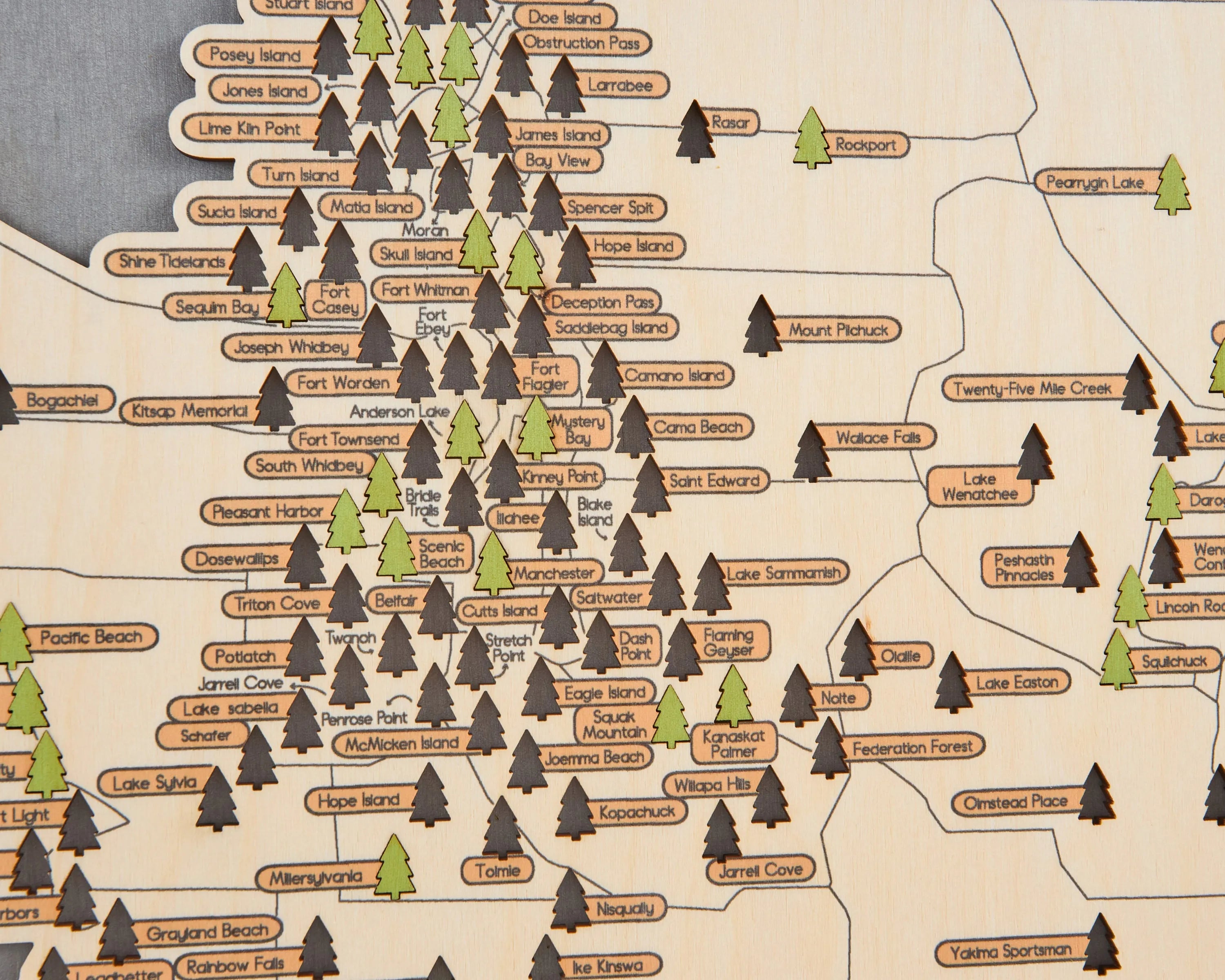 US Wooden Washington State Parks Map With Trees To Record Park Visits (Light Grey)