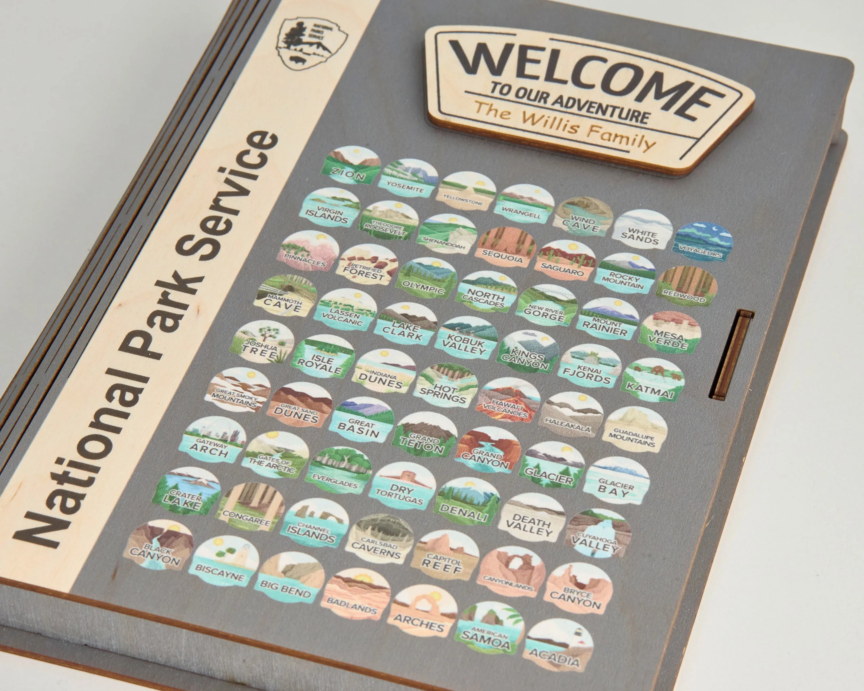 US National Park Map Organizer - Box Wooden Storage (Sign with park logo)