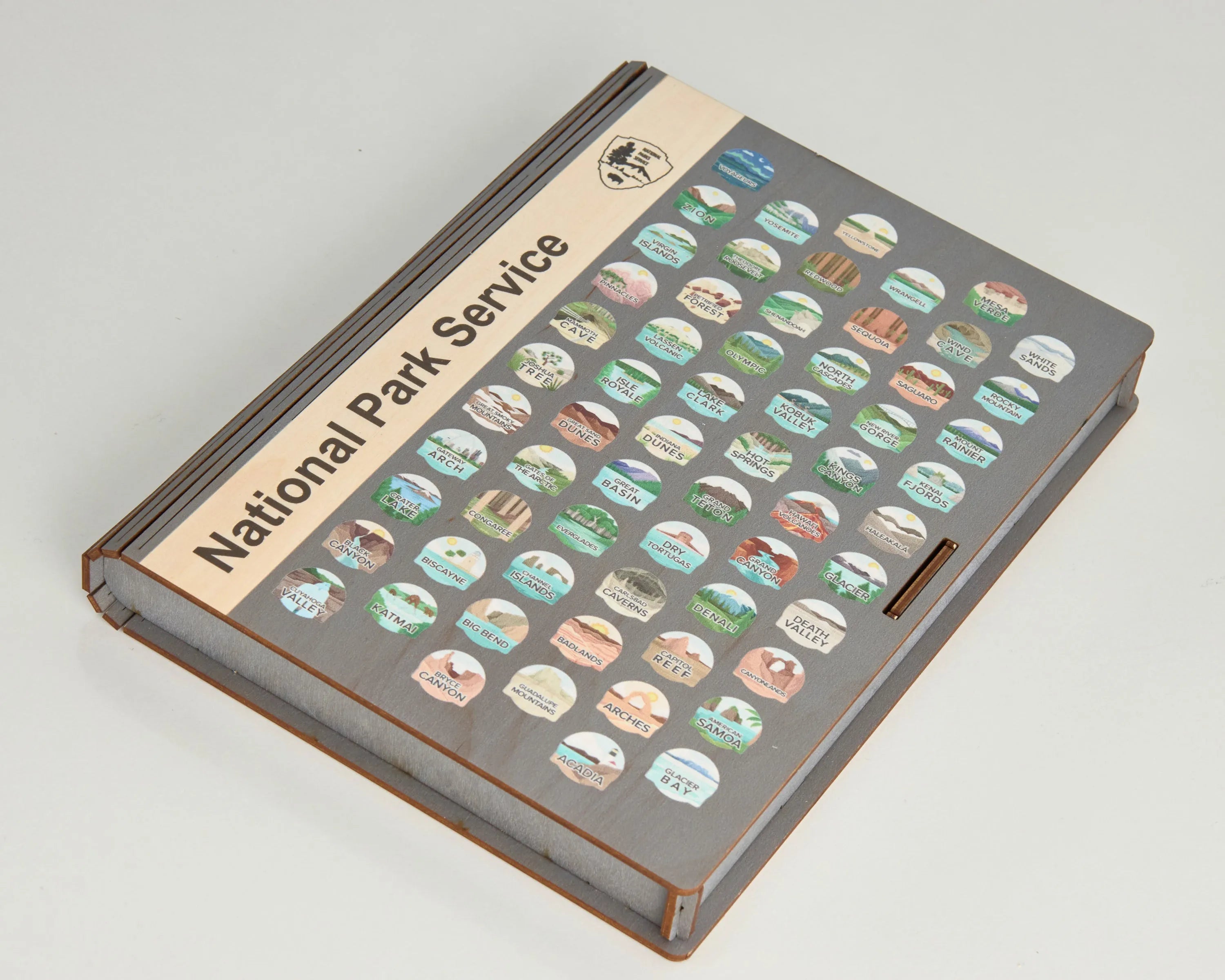 US National Park Map Organizer Memory Box Wooden Storage (Park Logo)