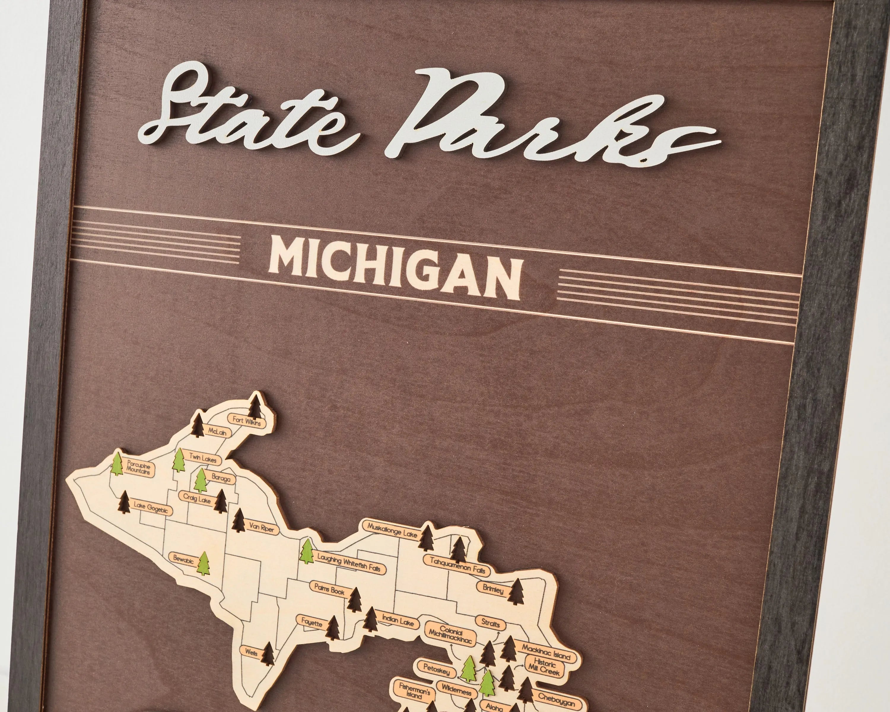 US Wooden Michigan State Parks Map With Trees To Record Park Visits (Coffee)
