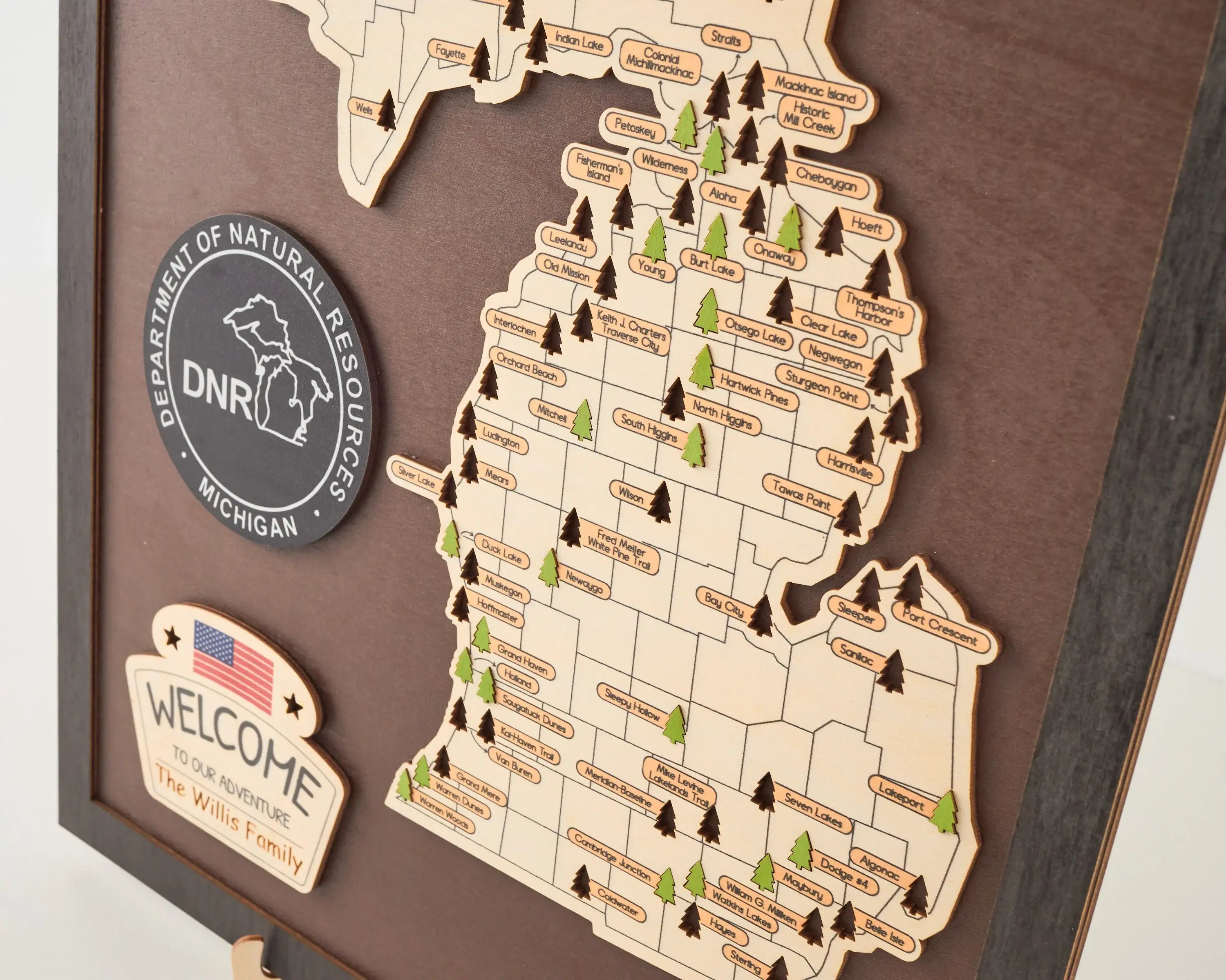 US Wooden Michigan State Parks Map With Trees To Record Park Visits (Coffee)