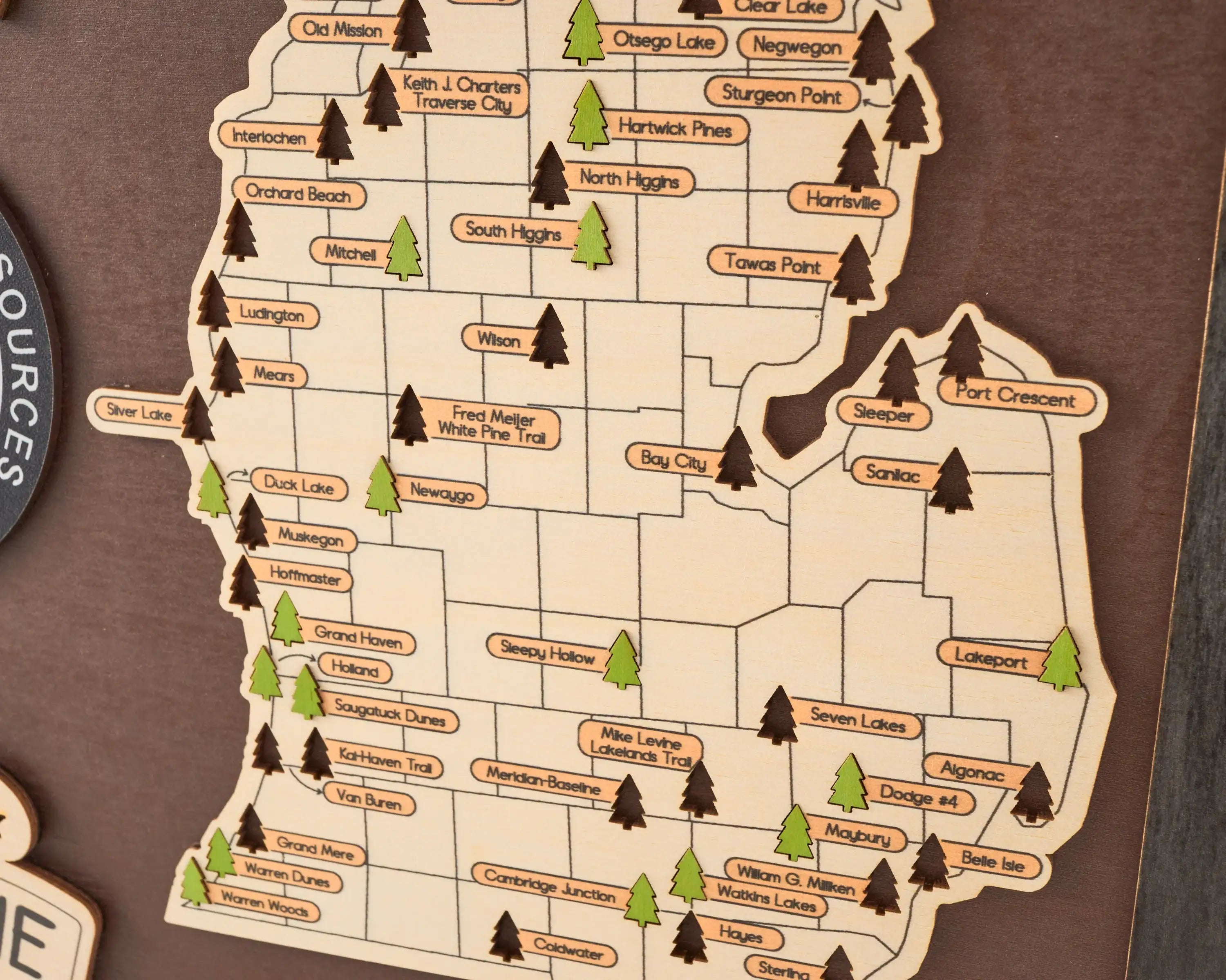 US Wooden Michigan State Parks Map With Trees To Record Park Visits (Coffee)