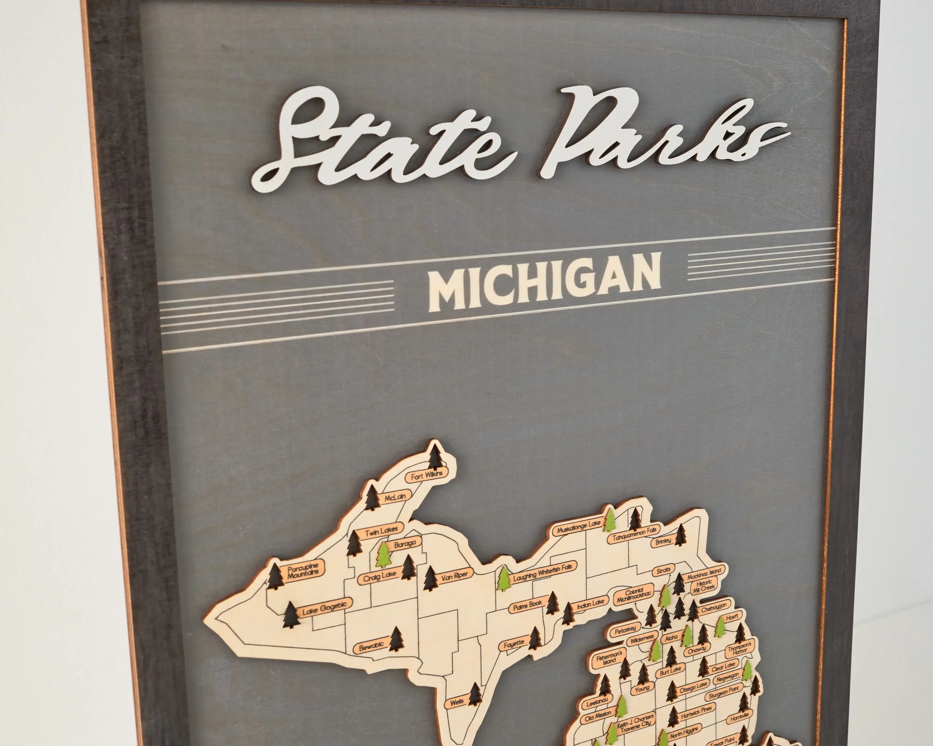 US Wooden Michigan State Parks Map With Trees To Record Park Visits (Light Grey)