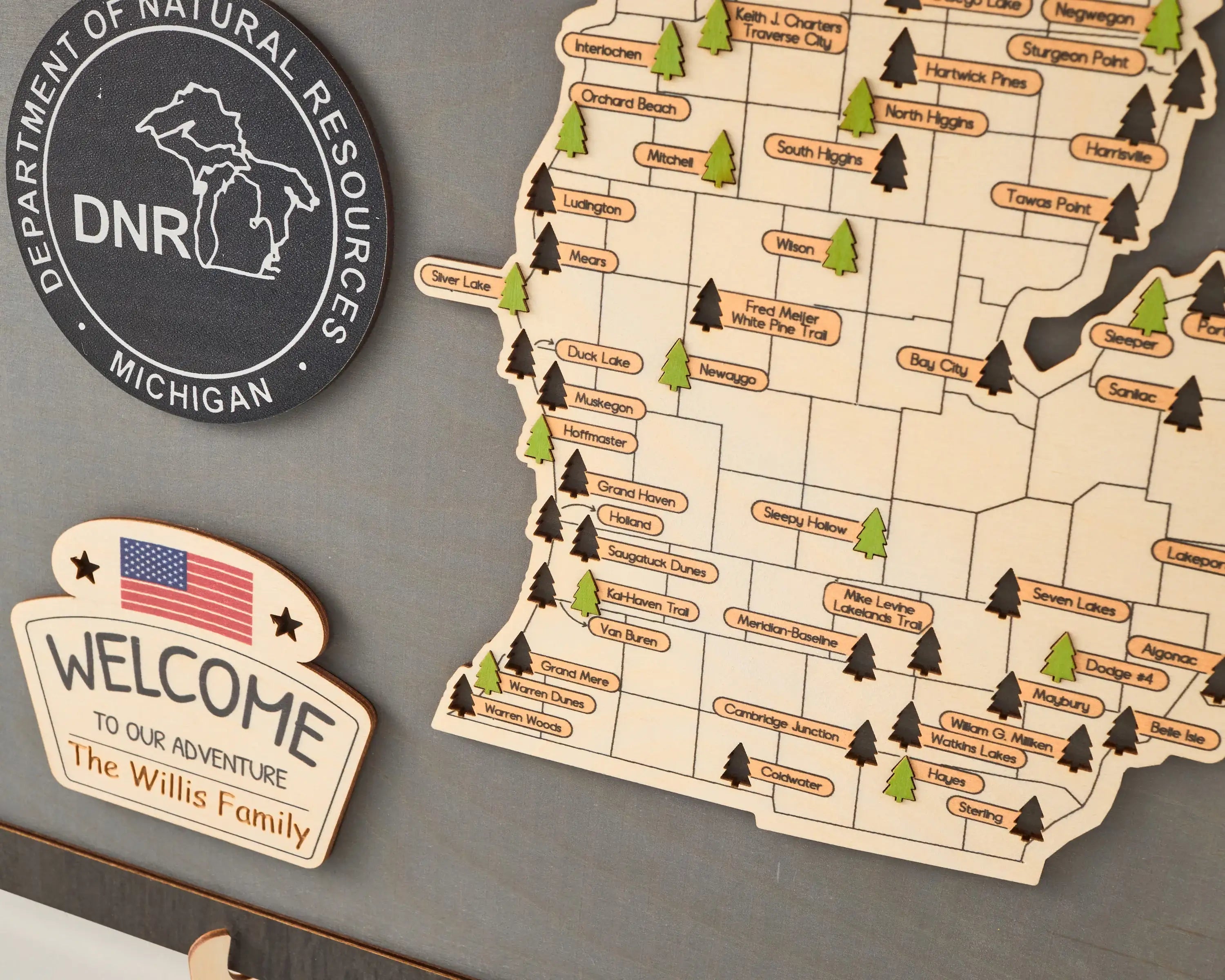 US Wooden Michigan State Parks Map With Trees To Record Park Visits (Light Grey)