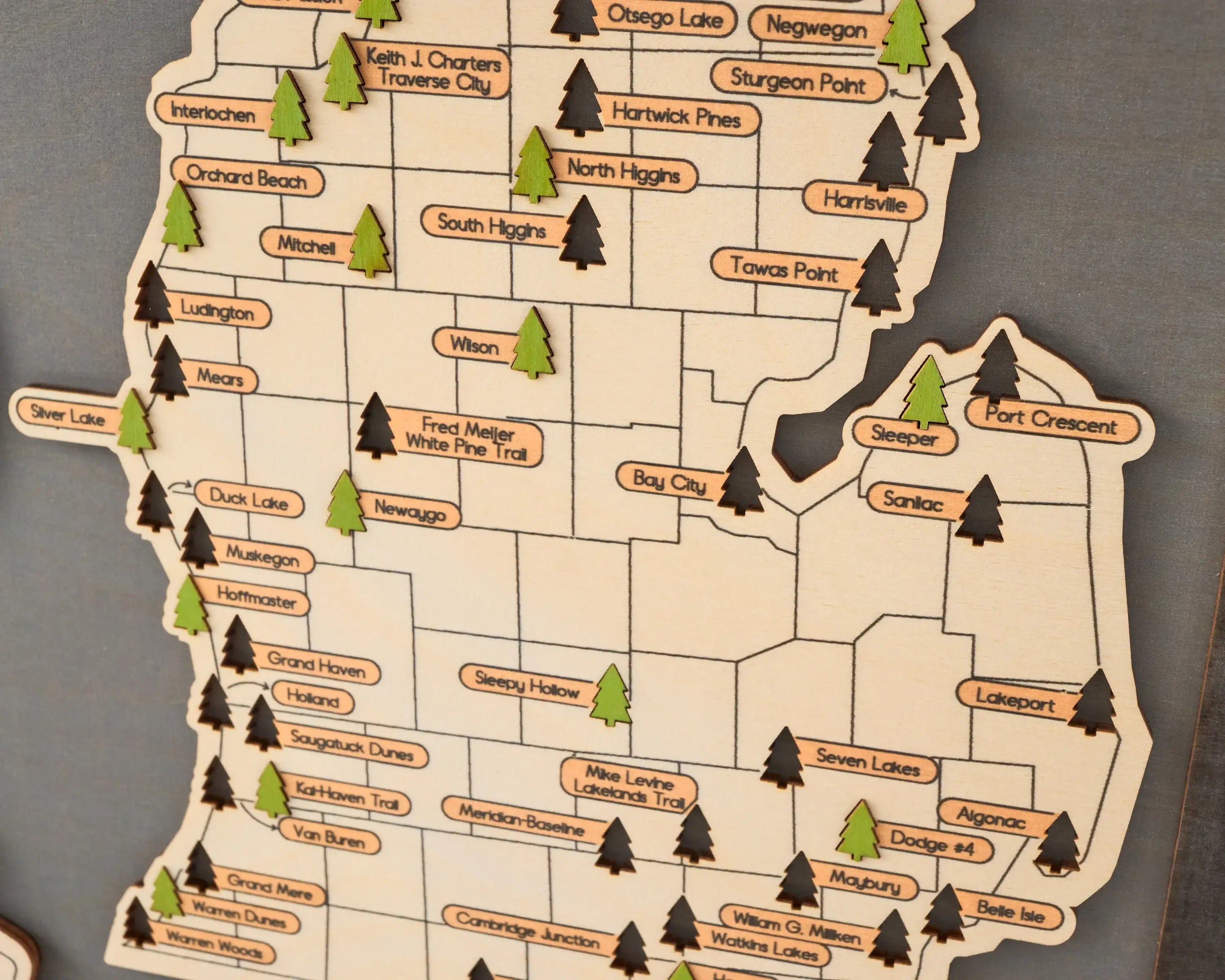 US Wooden Michigan State Parks Map With Trees To Record Park Visits (Light Grey)