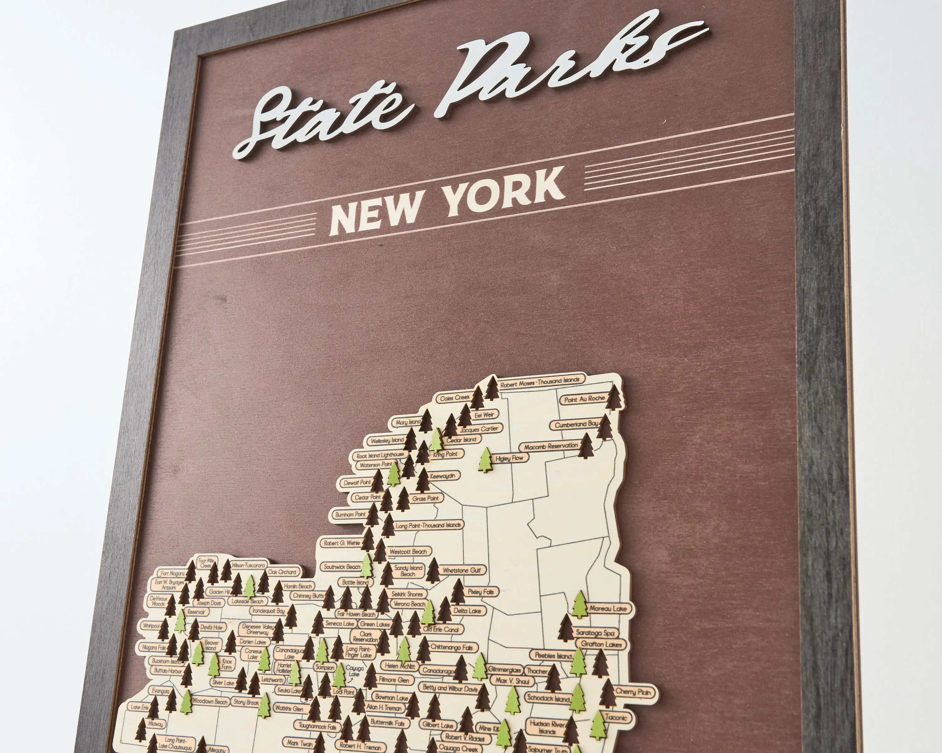 US Wooden New York State Parks Map With Trees To Record Park Visits (Coffee)