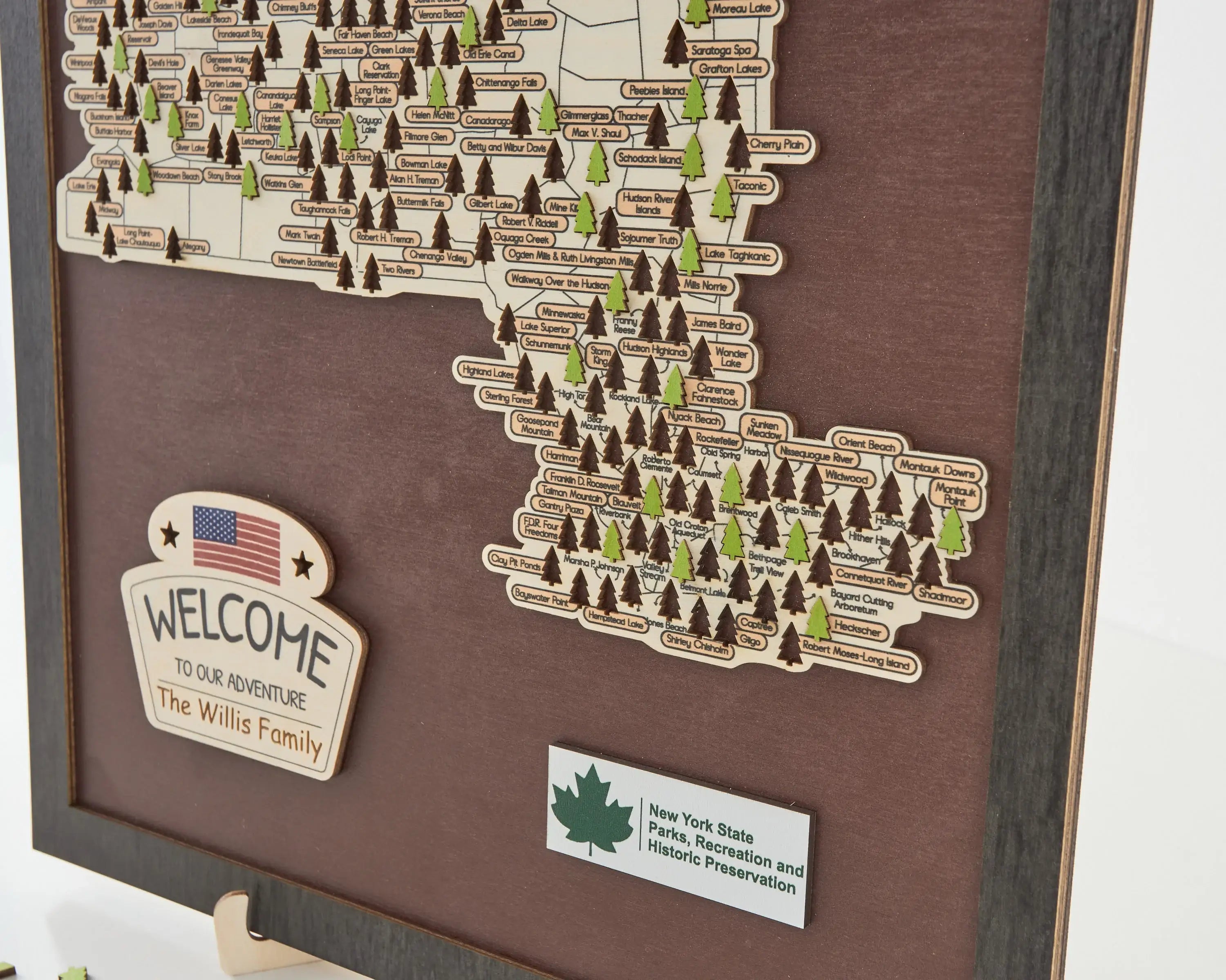 US Wooden New York State Parks Map With Trees To Record Park Visits (Coffee)