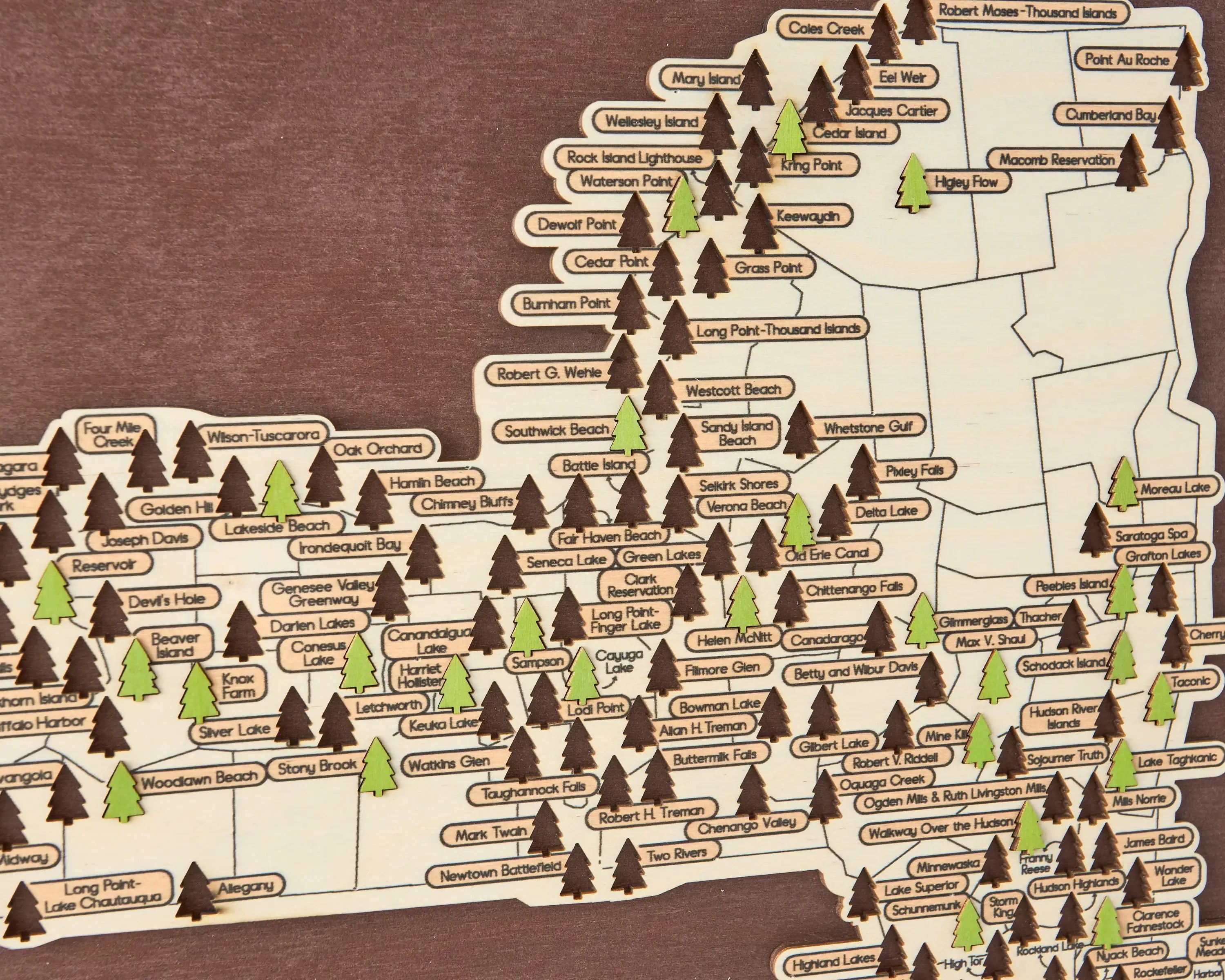US Wooden New York State Parks Map With Trees To Record Park Visits (Coffee)