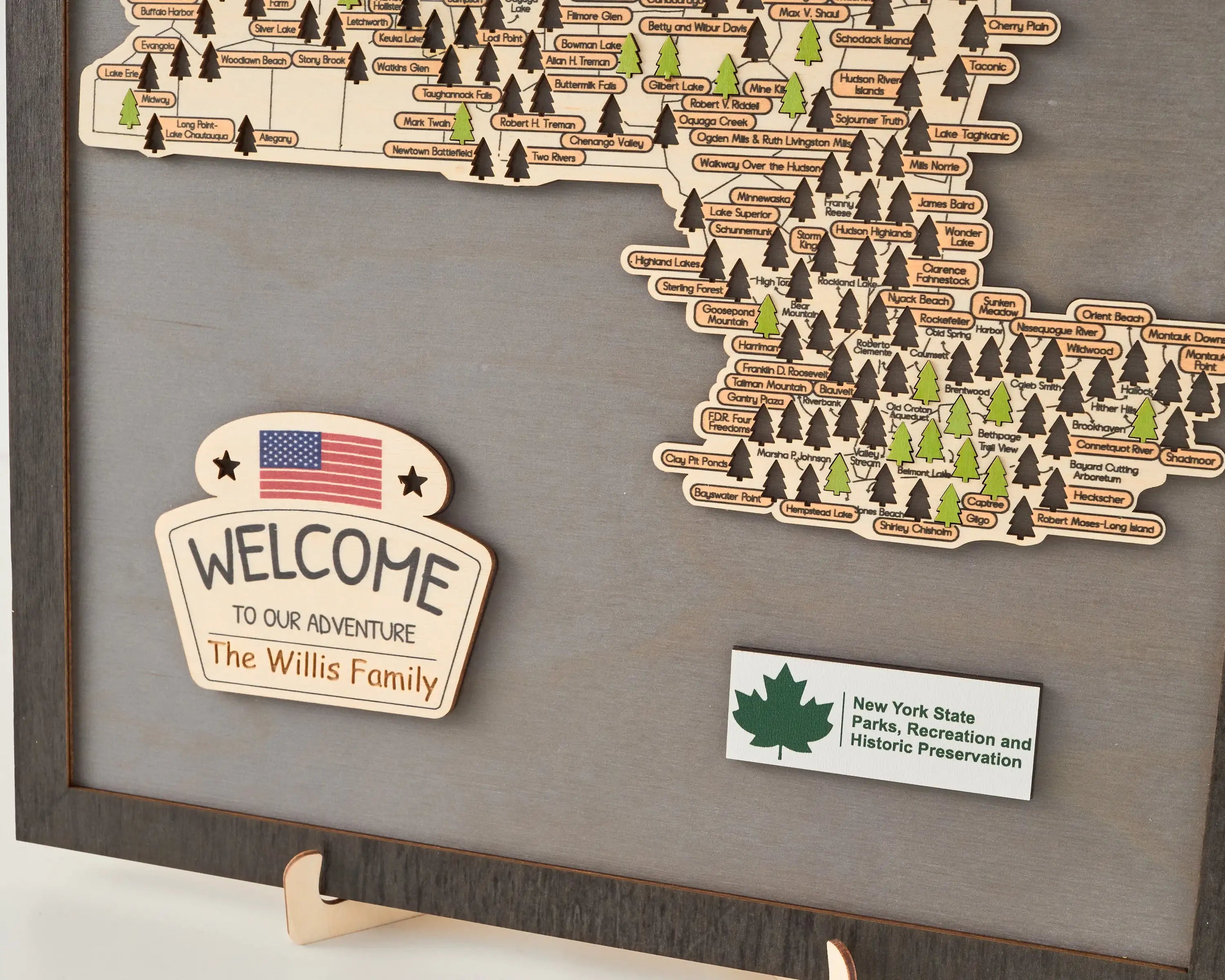 US Wooden New York State Parks Map With Trees To Record Park Visits (Light Grey)