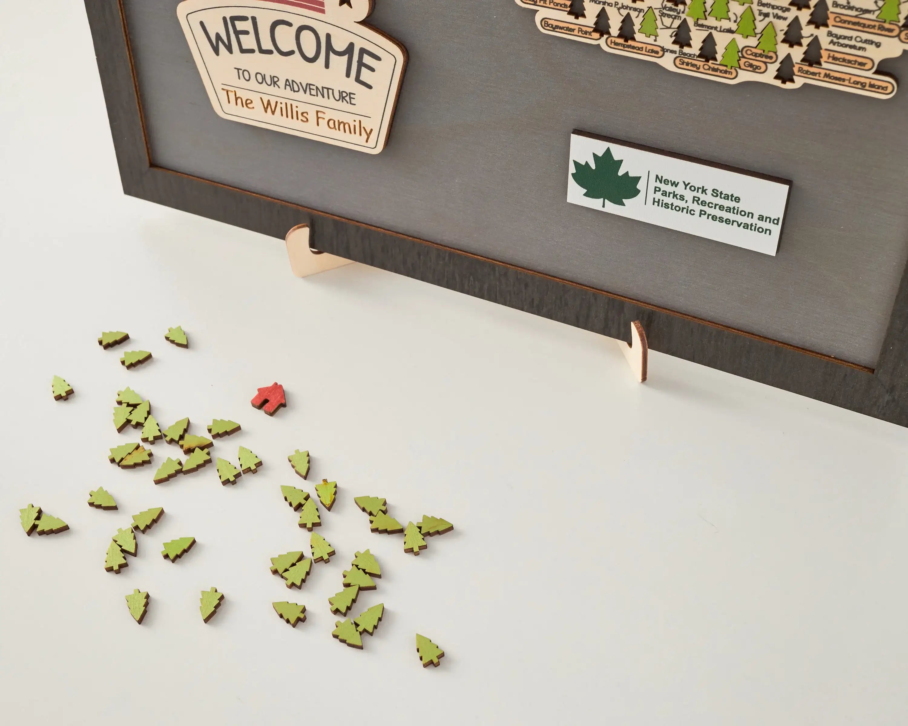 US Wooden New York State Parks Map With Trees To Record Park Visits (Light Grey)