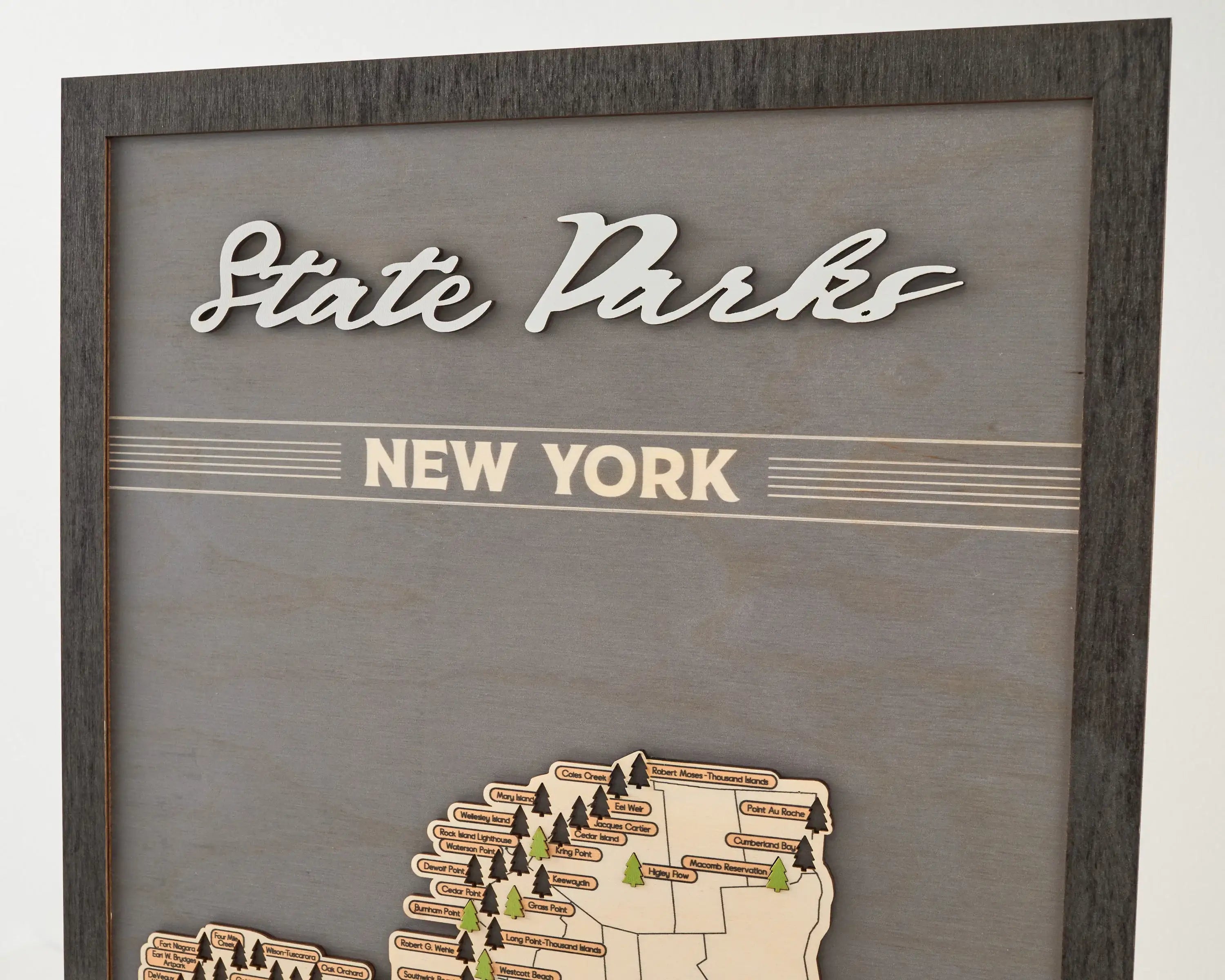 US Wooden New York State Parks Map With Trees To Record Park Visits (Light Grey)