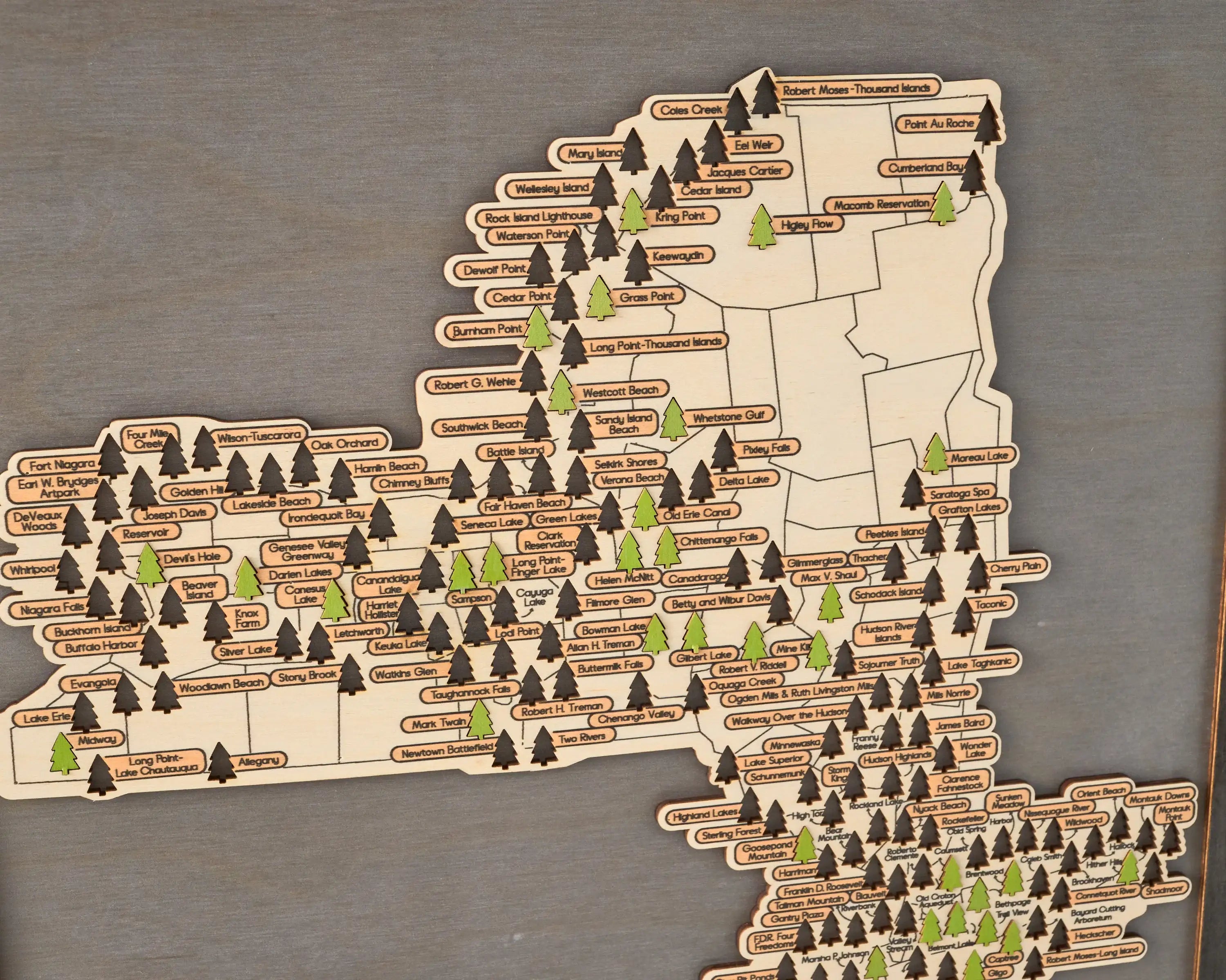 US Wooden New York State Parks Map With Trees To Record Park Visits (Light Grey)