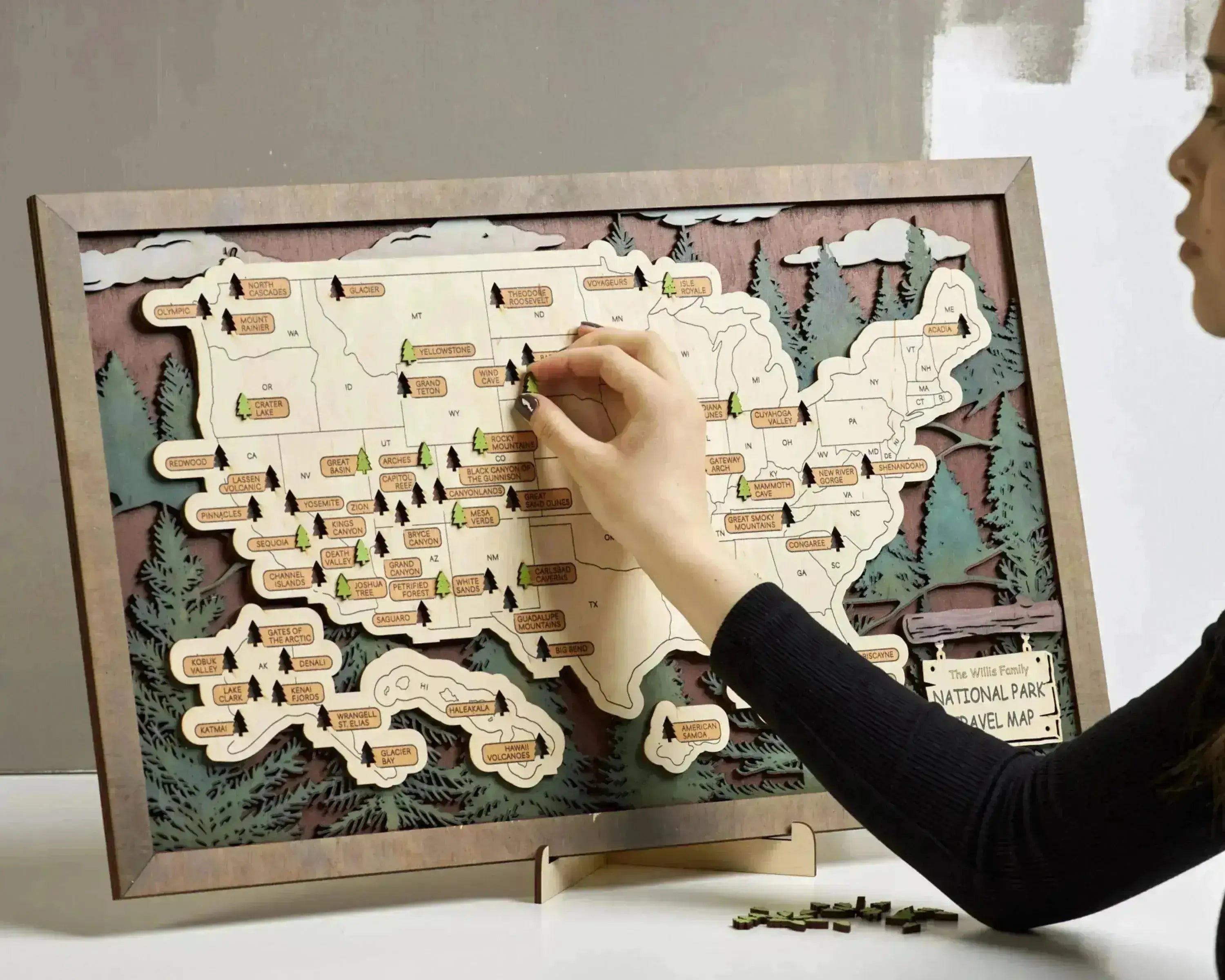 US 3D Wooden National Parks Travel Map With Trees To Record Park Visits (1 Design) - Lemap