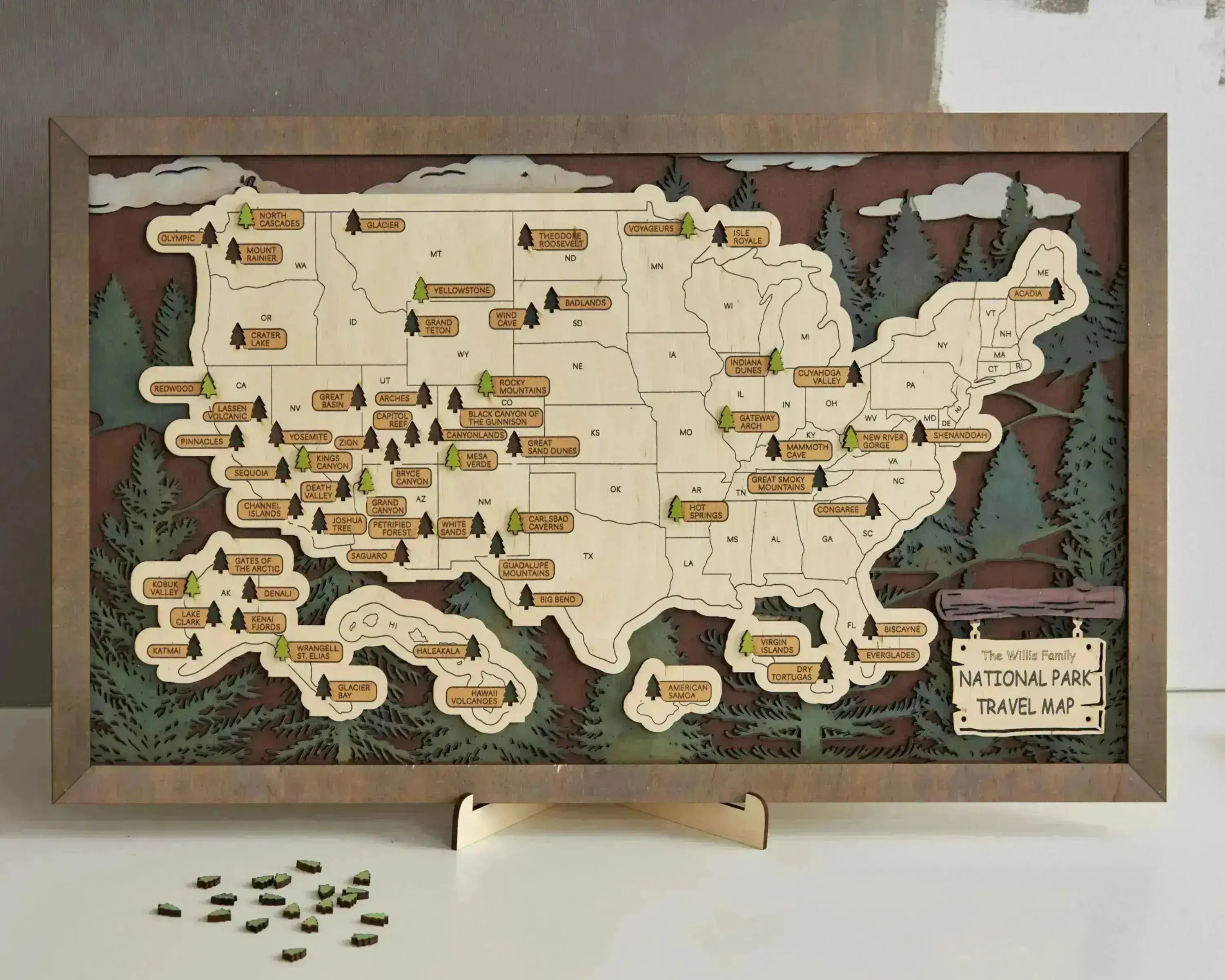 US 3D Wooden National Parks Travel Map With Trees To Record Park Visits (1 Design) - Lemap