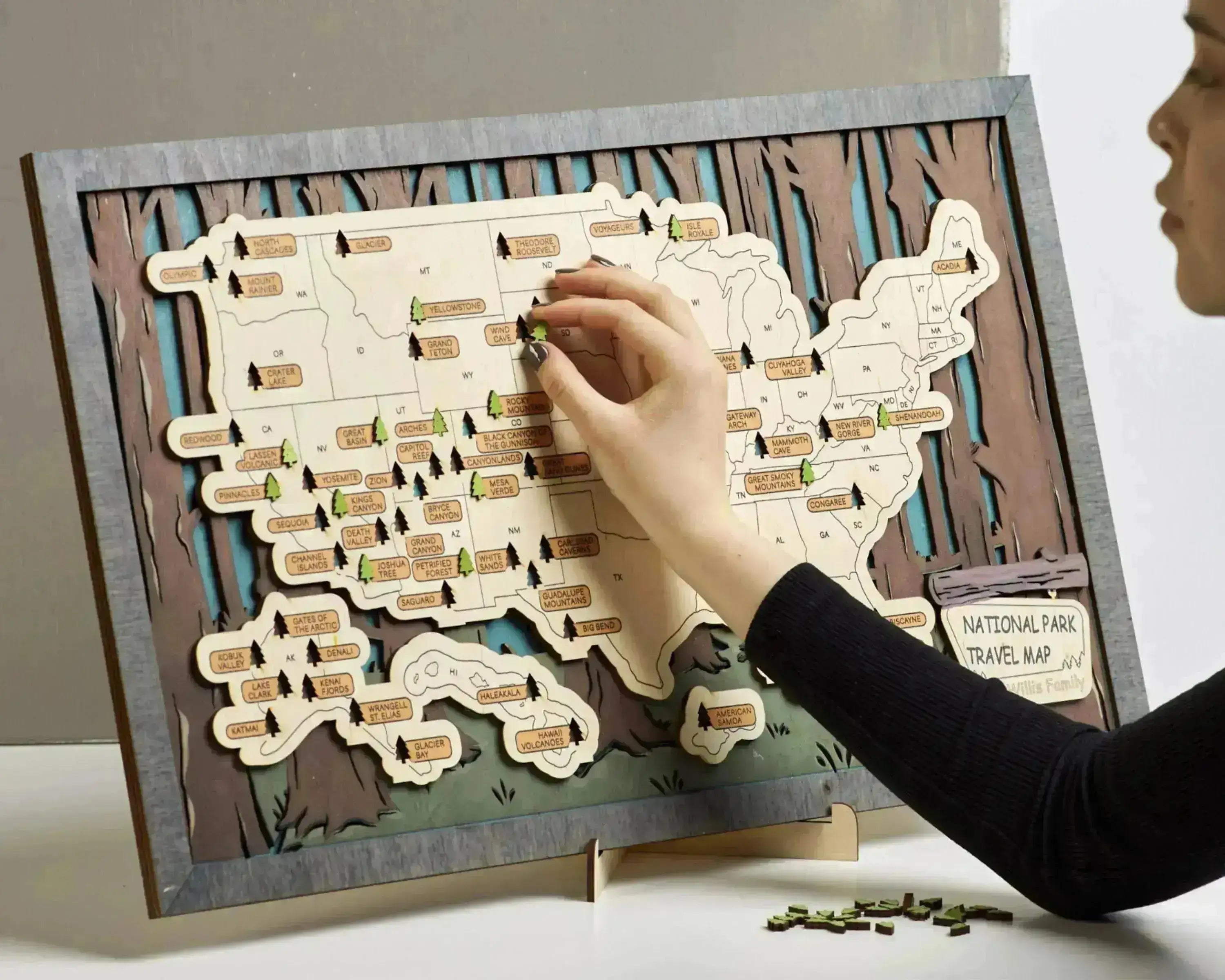 US 3D Wooden National Parks Travel Map With Trees To Record Park Visits (2 Design) - Lemap