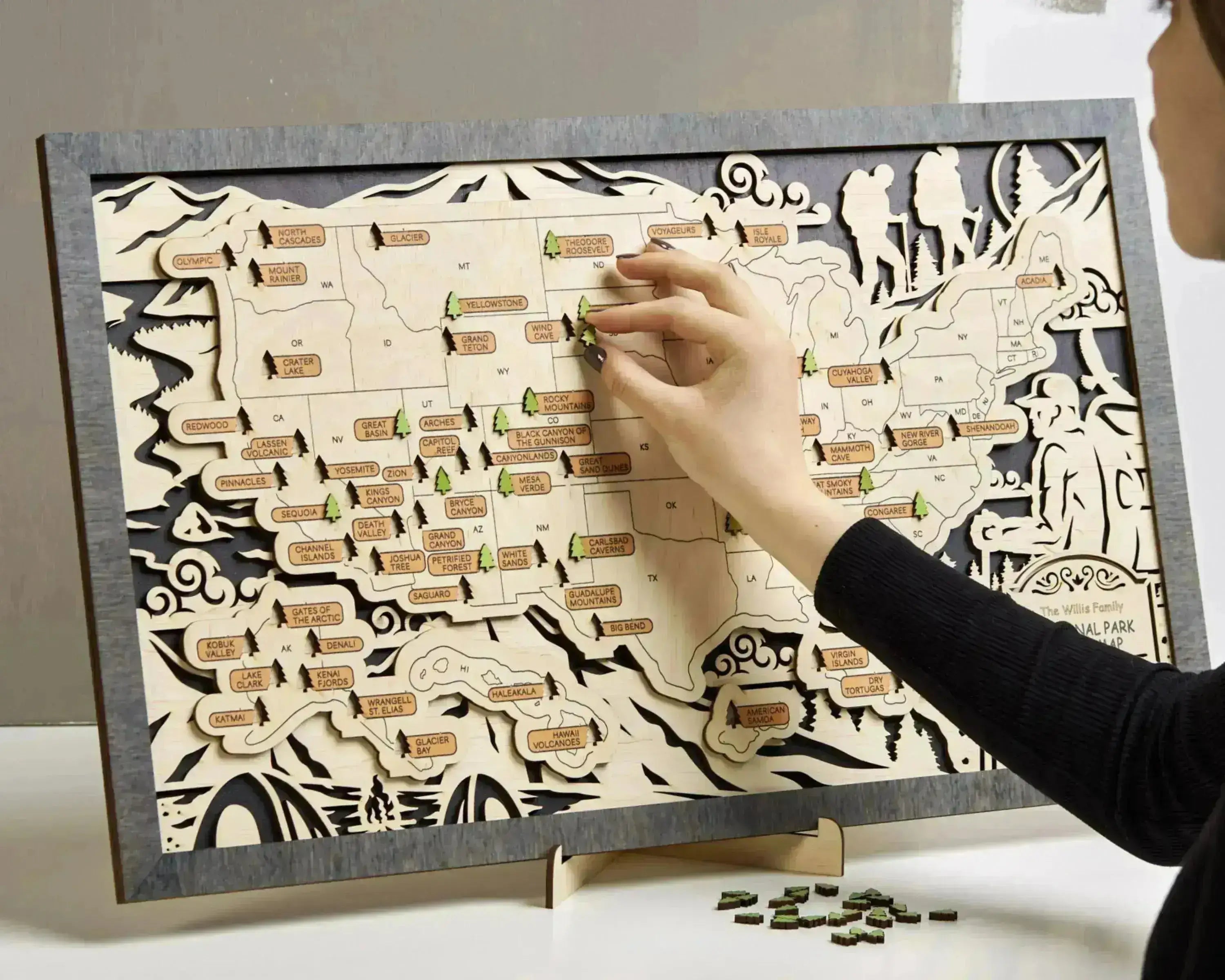 US 3D Wooden National Parks Travel Map With Trees To Record Park Visits (Hiking Design) - Lemap