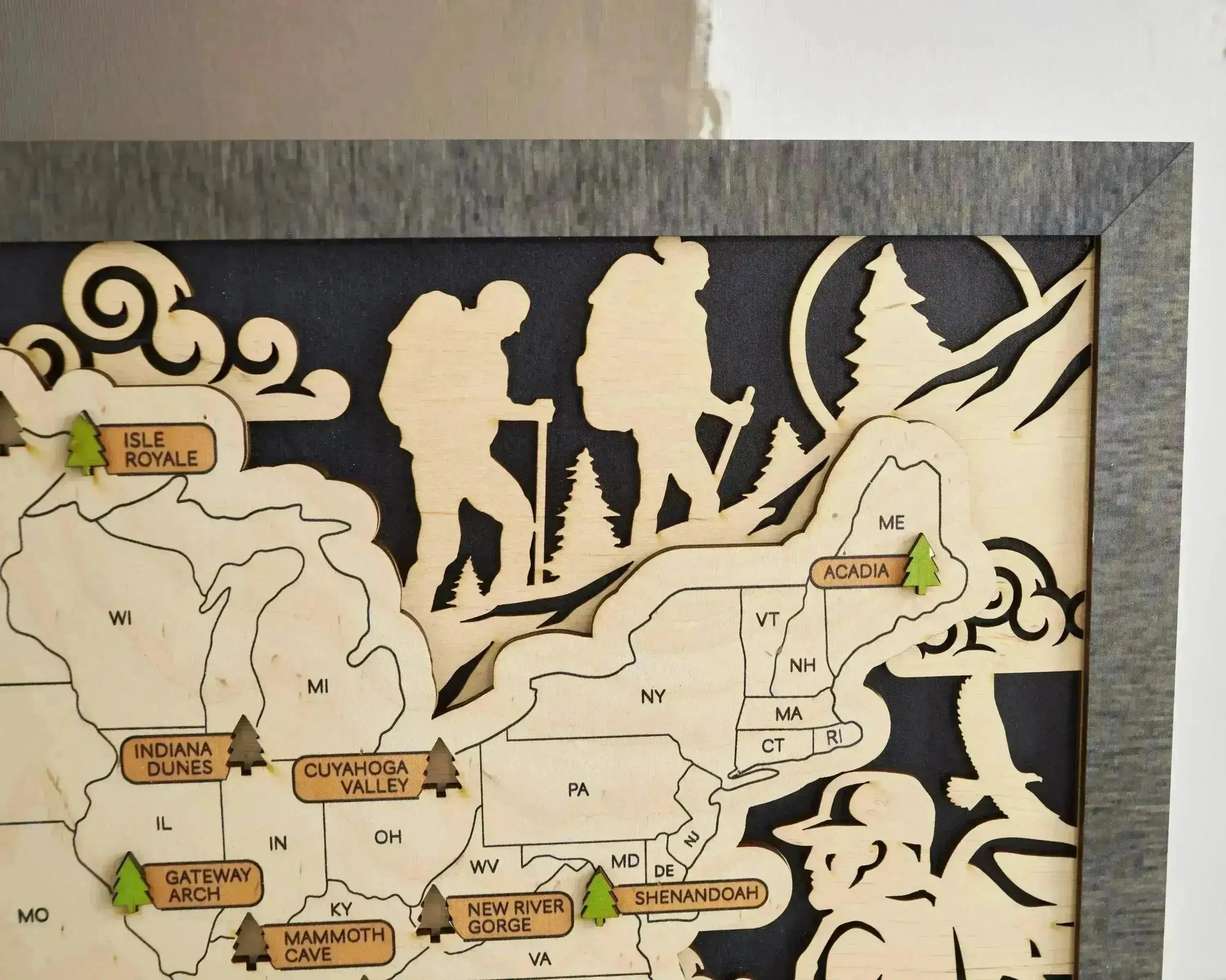 US 3D Wooden National Parks Travel Map With Trees To Record Park Visits (Hiking Design) - Lemap