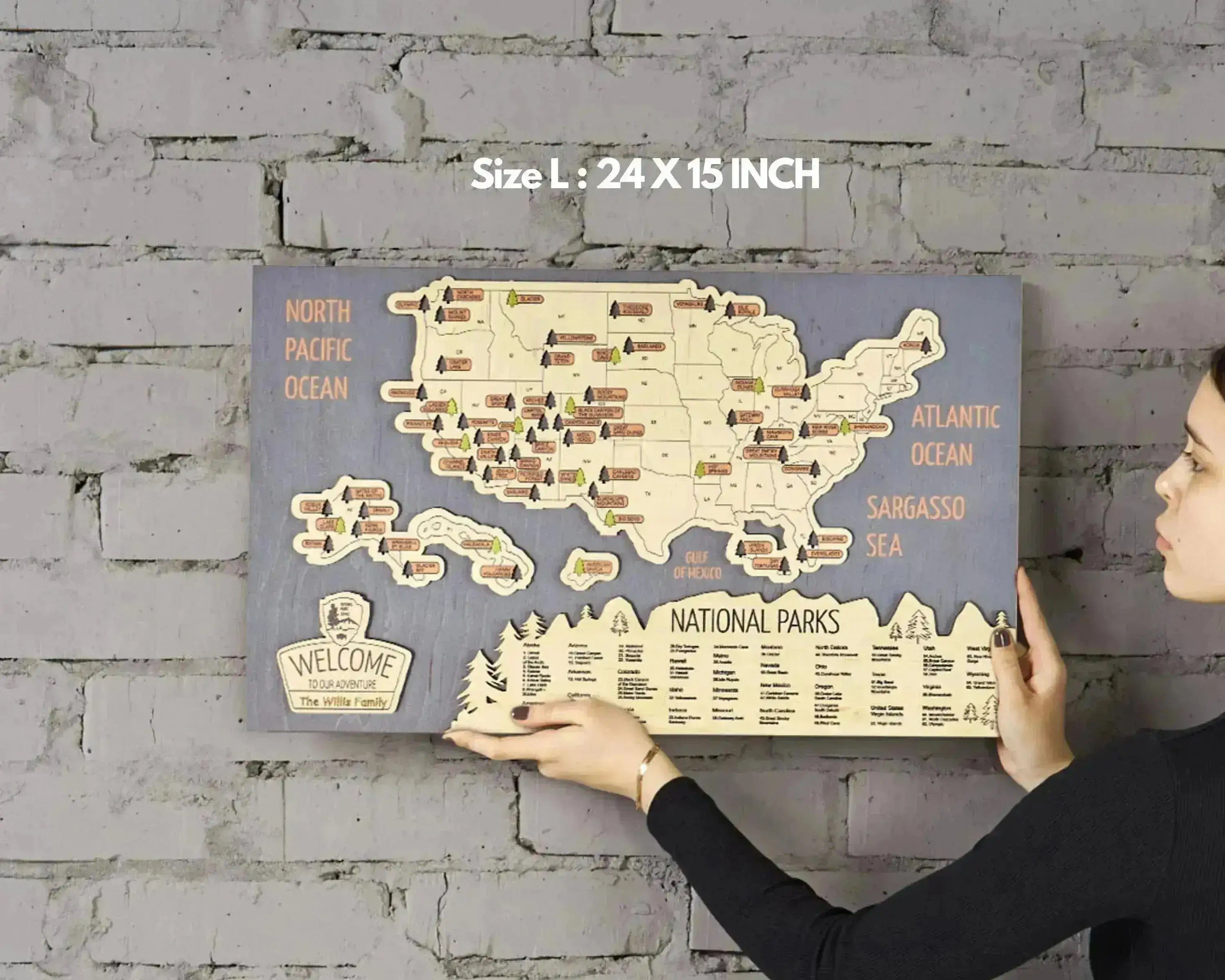 US 3D Wooden National Parks Travel Map With Trees To Record Park Visits (New Blue) - Lemap
