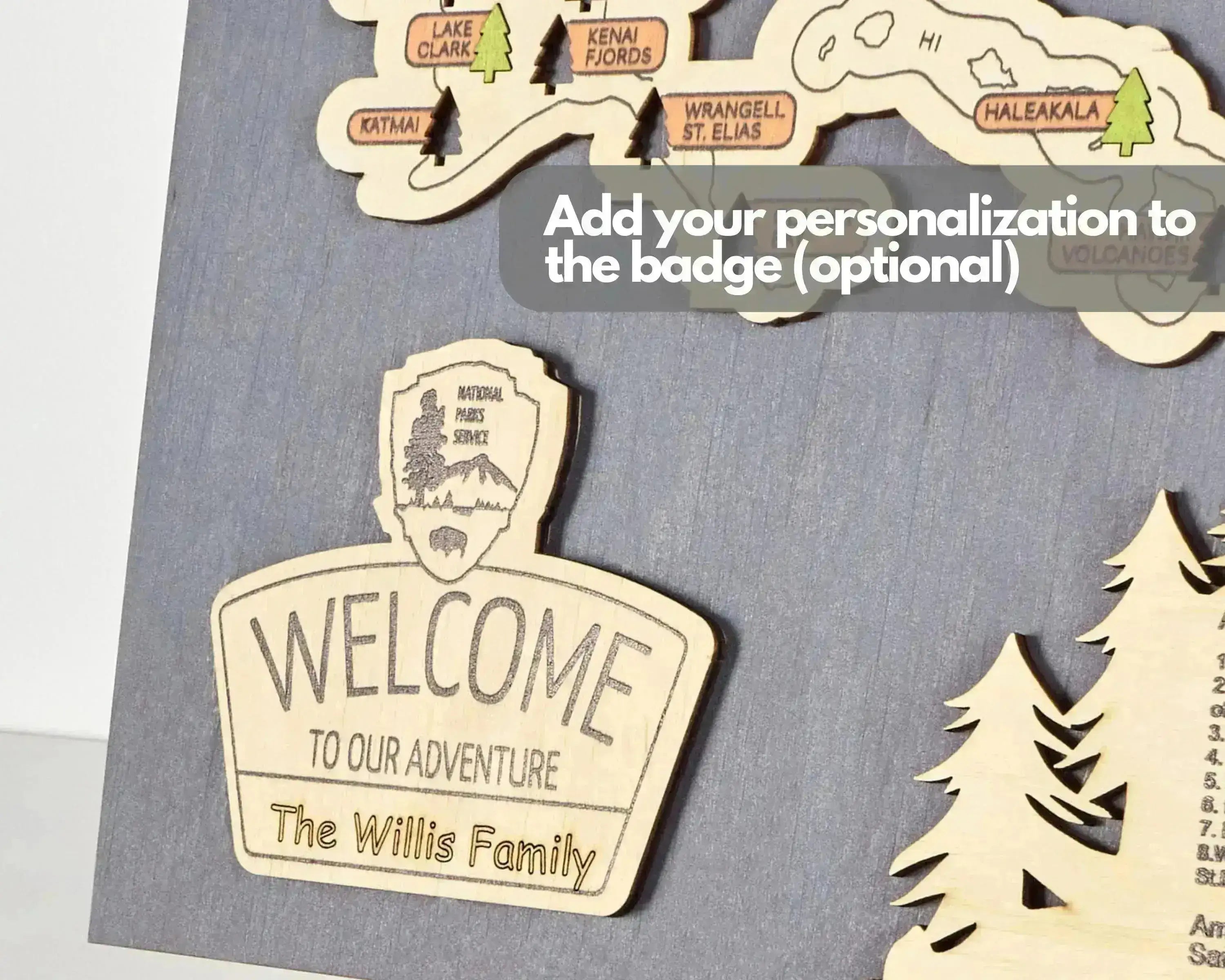 US 3D Wooden National Parks Travel Map With Trees To Record Park Visits (New Blue) - Lemap