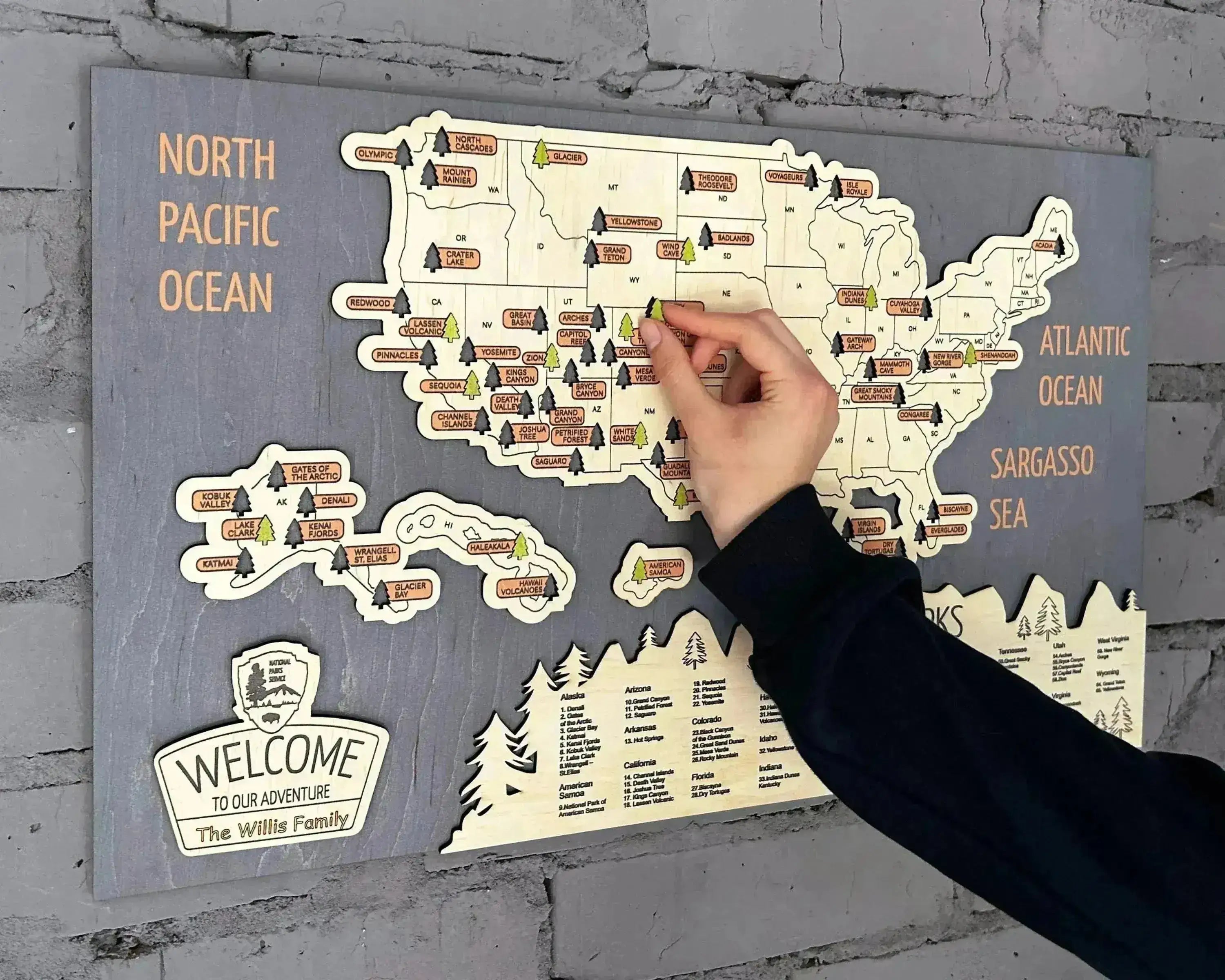 US 3D Wooden National Parks Travel Map With Trees To Record Park Visits (New Blue) - Lemap