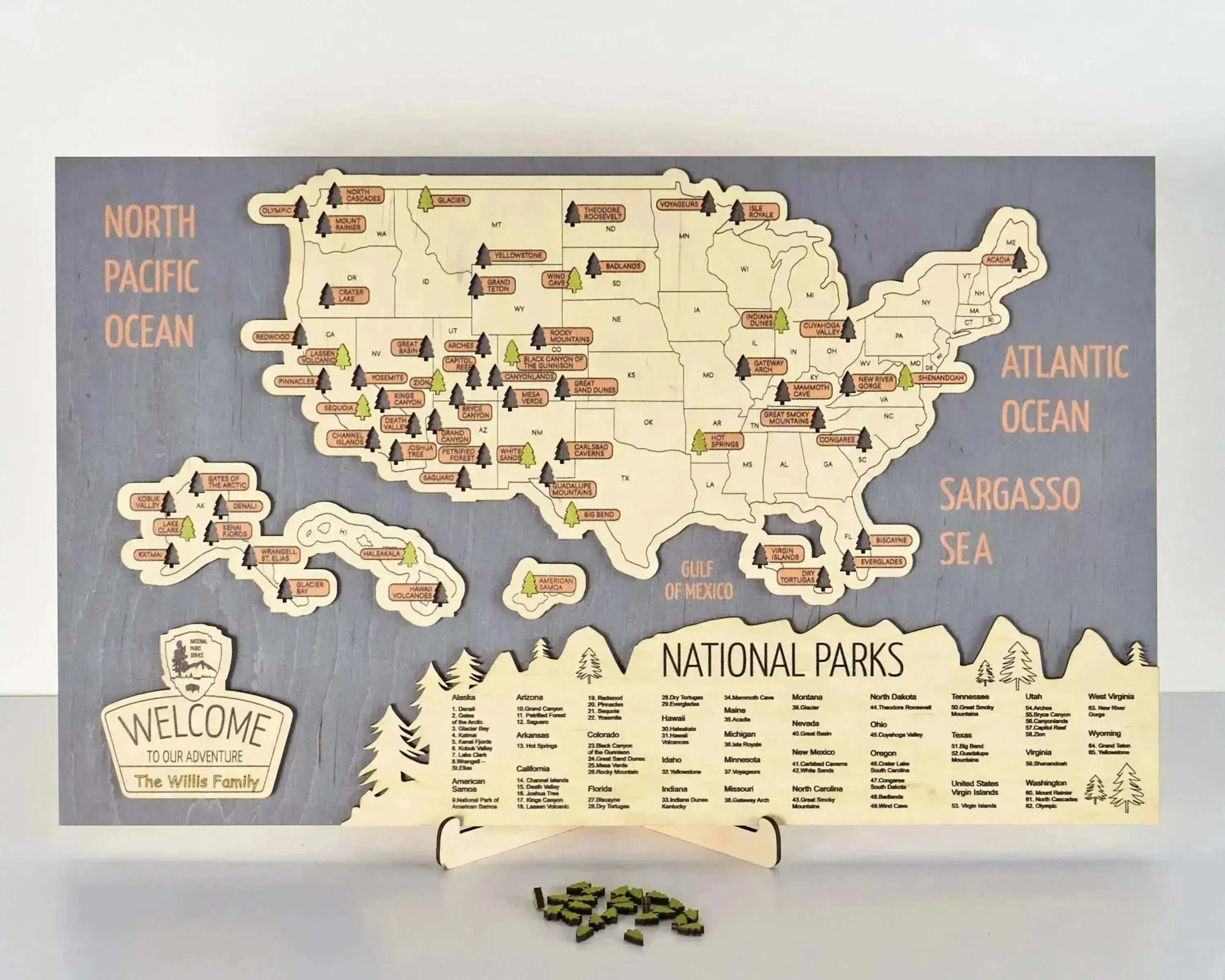 US 3D Wooden National Parks Travel Map With Trees To Record Park Visits (New Blue) - Lemap