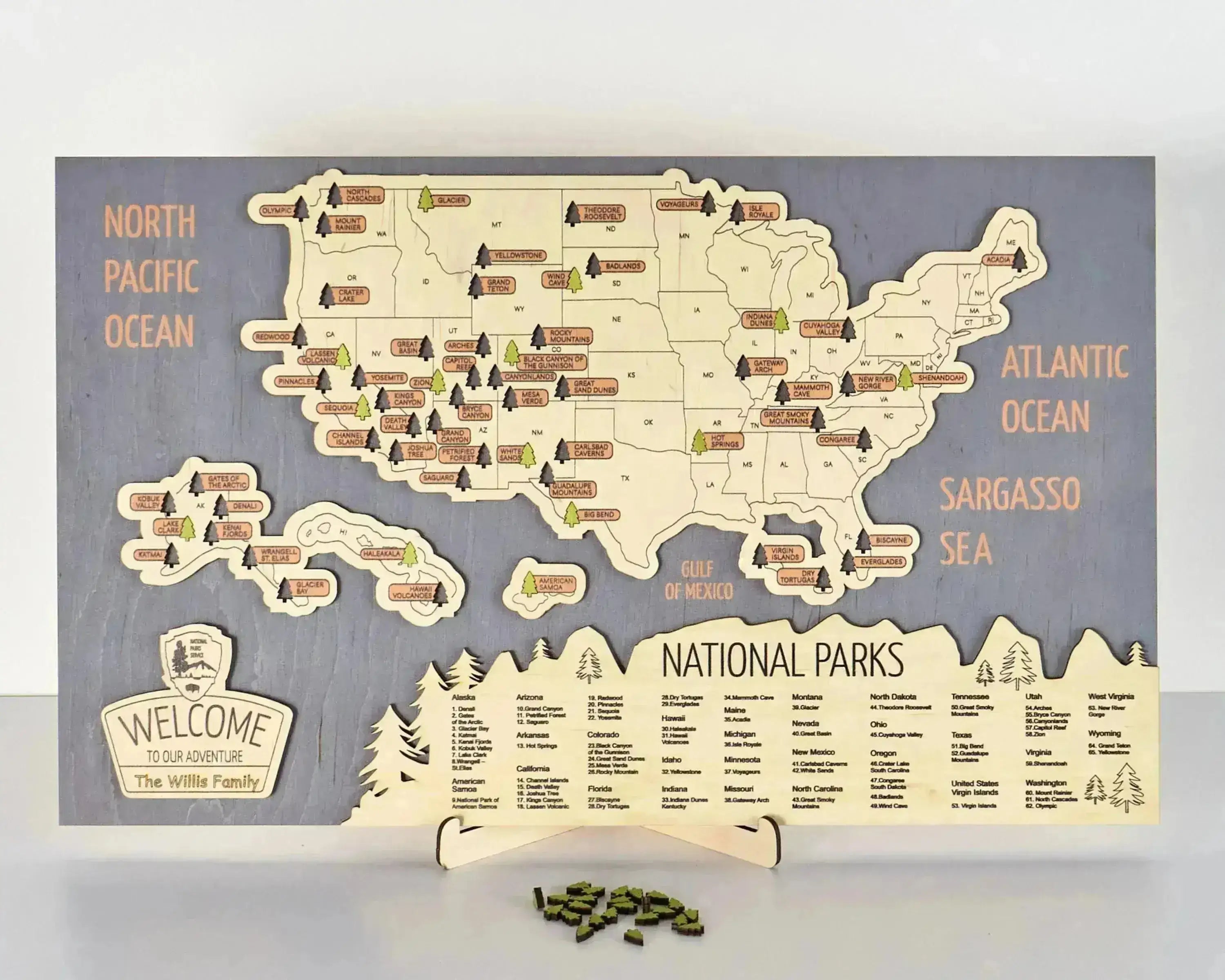 US 3D Wooden National Parks Travel Map With Trees To Record Park Visits (New Blue) - Lemap