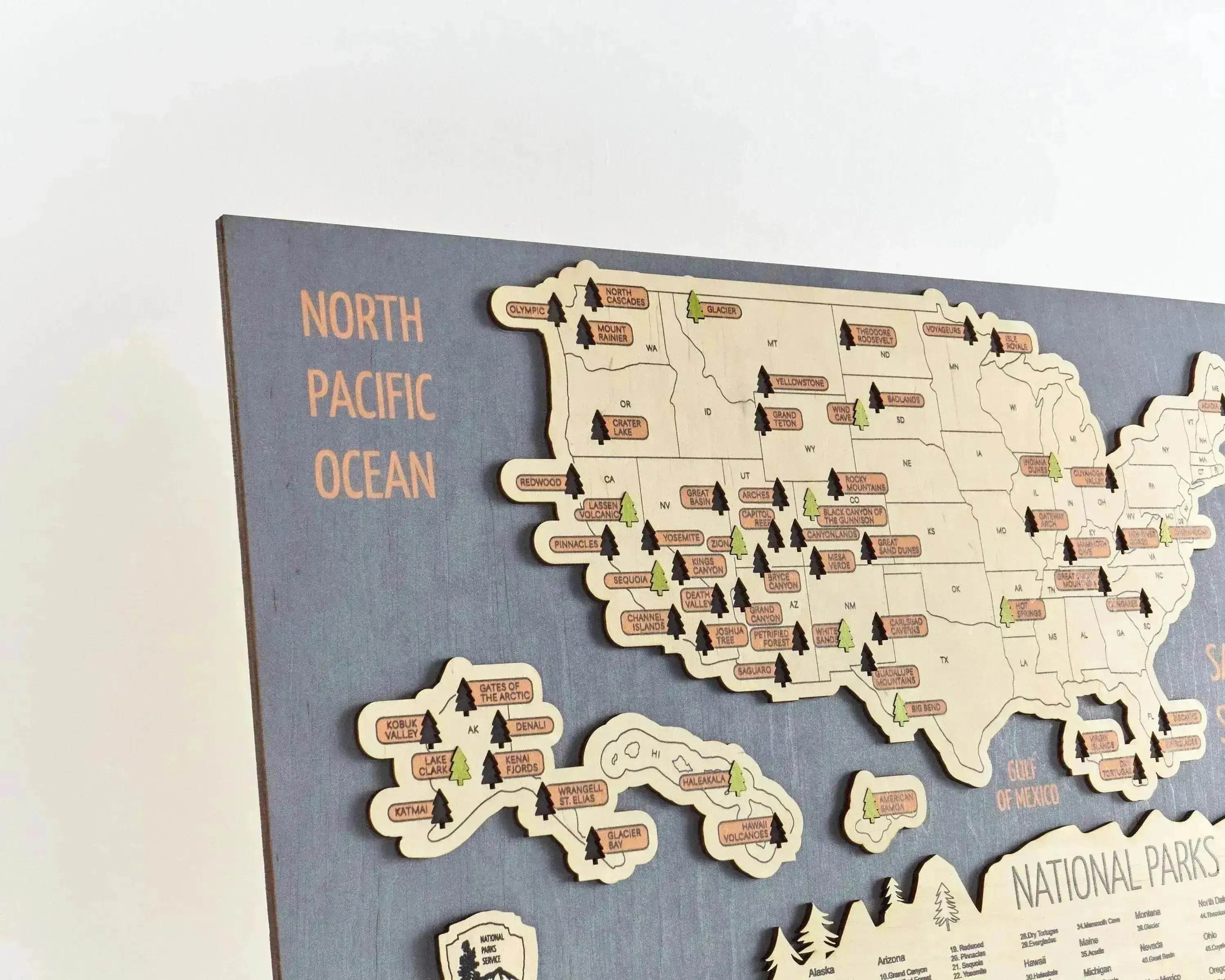 US 3D Wooden National Parks Travel Map With Trees To Record Park Visits (New Blue) - Lemap