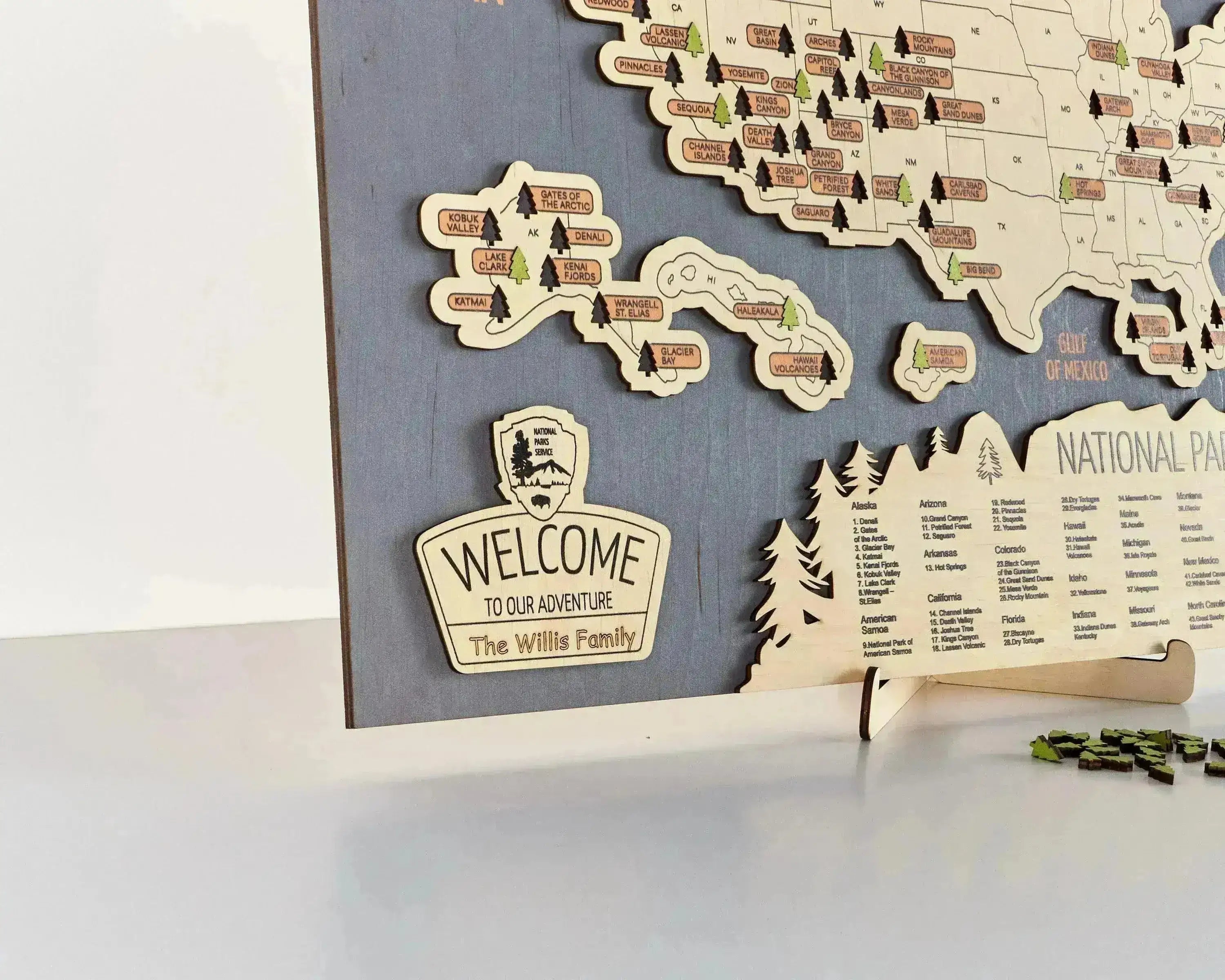 US 3D Wooden National Parks Travel Map With Trees To Record Park Visits (New Blue) - Lemap