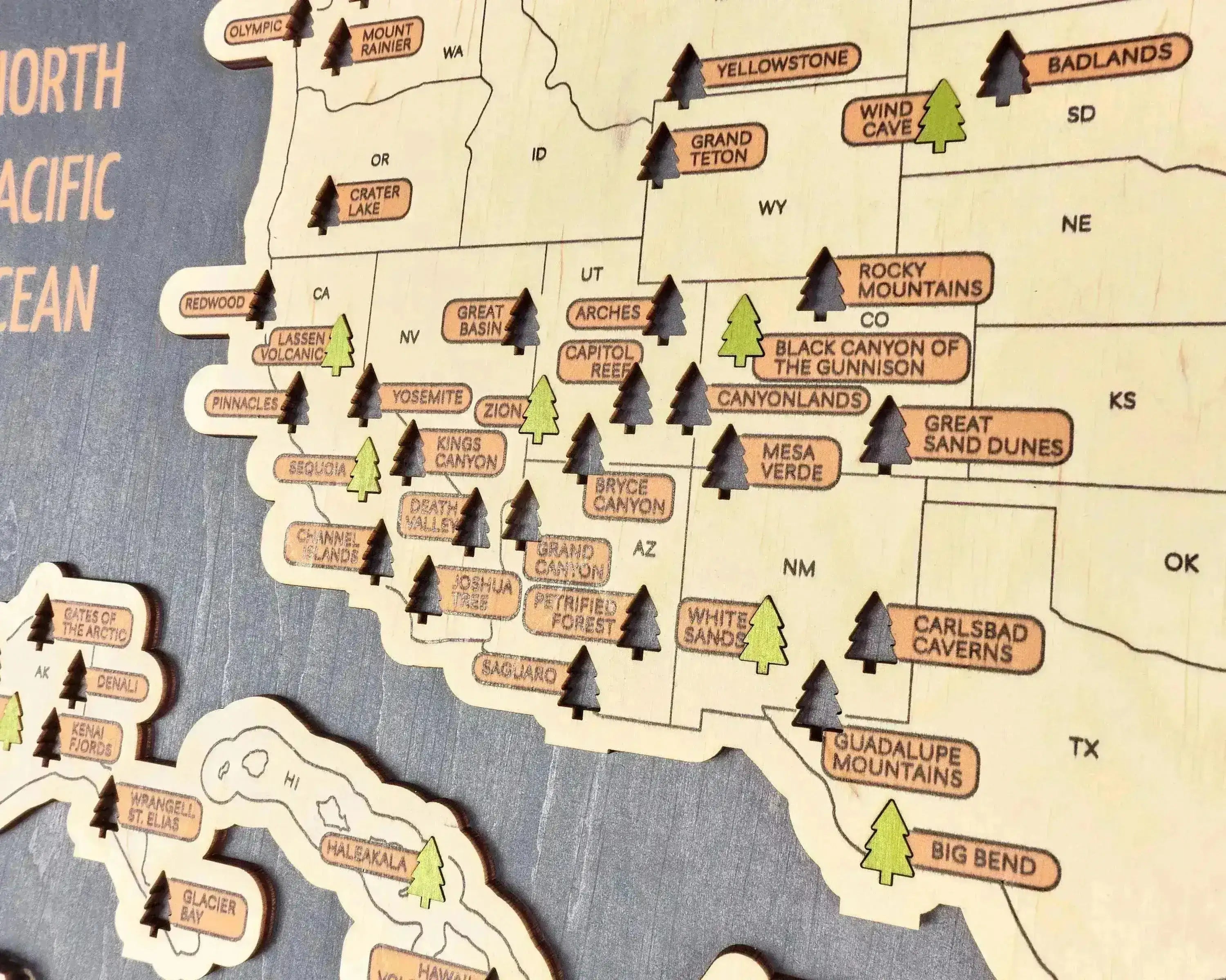 US 3D Wooden National Parks Travel Map With Trees To Record Park Visits (New Blue) - Lemap