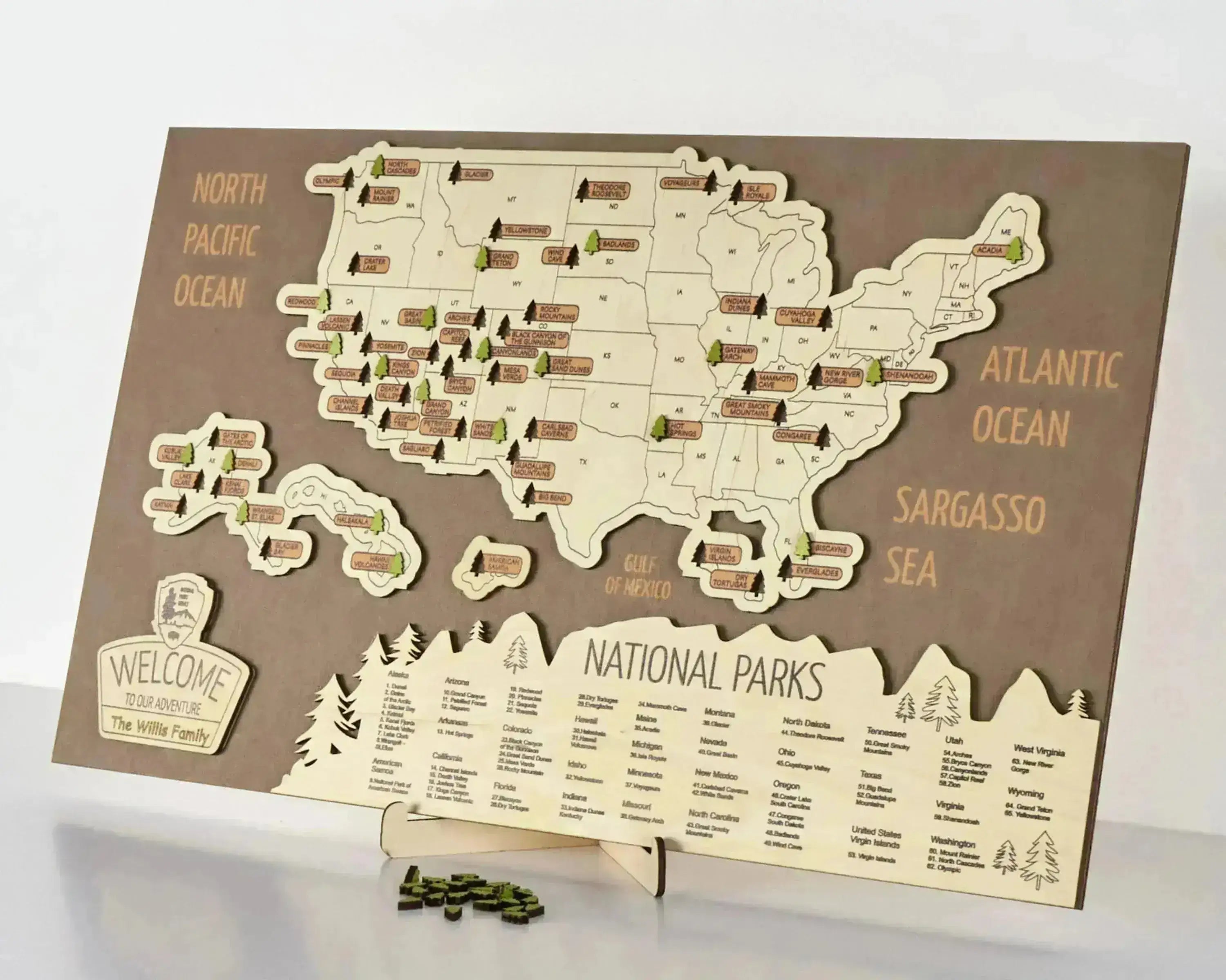 US 3D Wooden National Parks Travel Map With Trees To Record Park Visits (New Brown) - Lemap