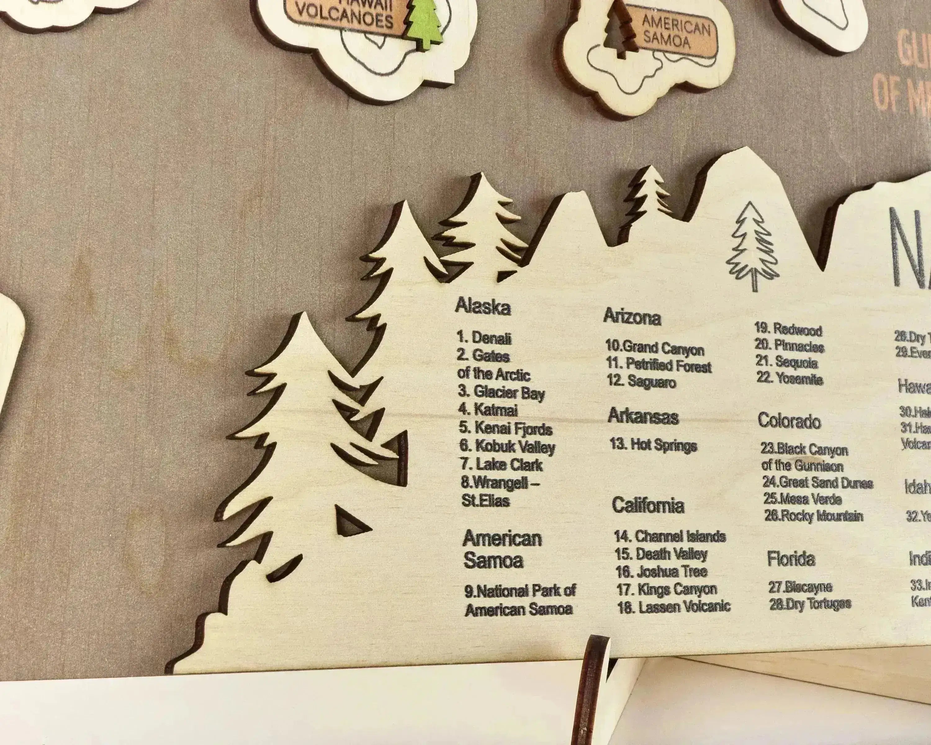US 3D Wooden National Parks Travel Map With Trees To Record Park Visits (New Brown) - Lemap