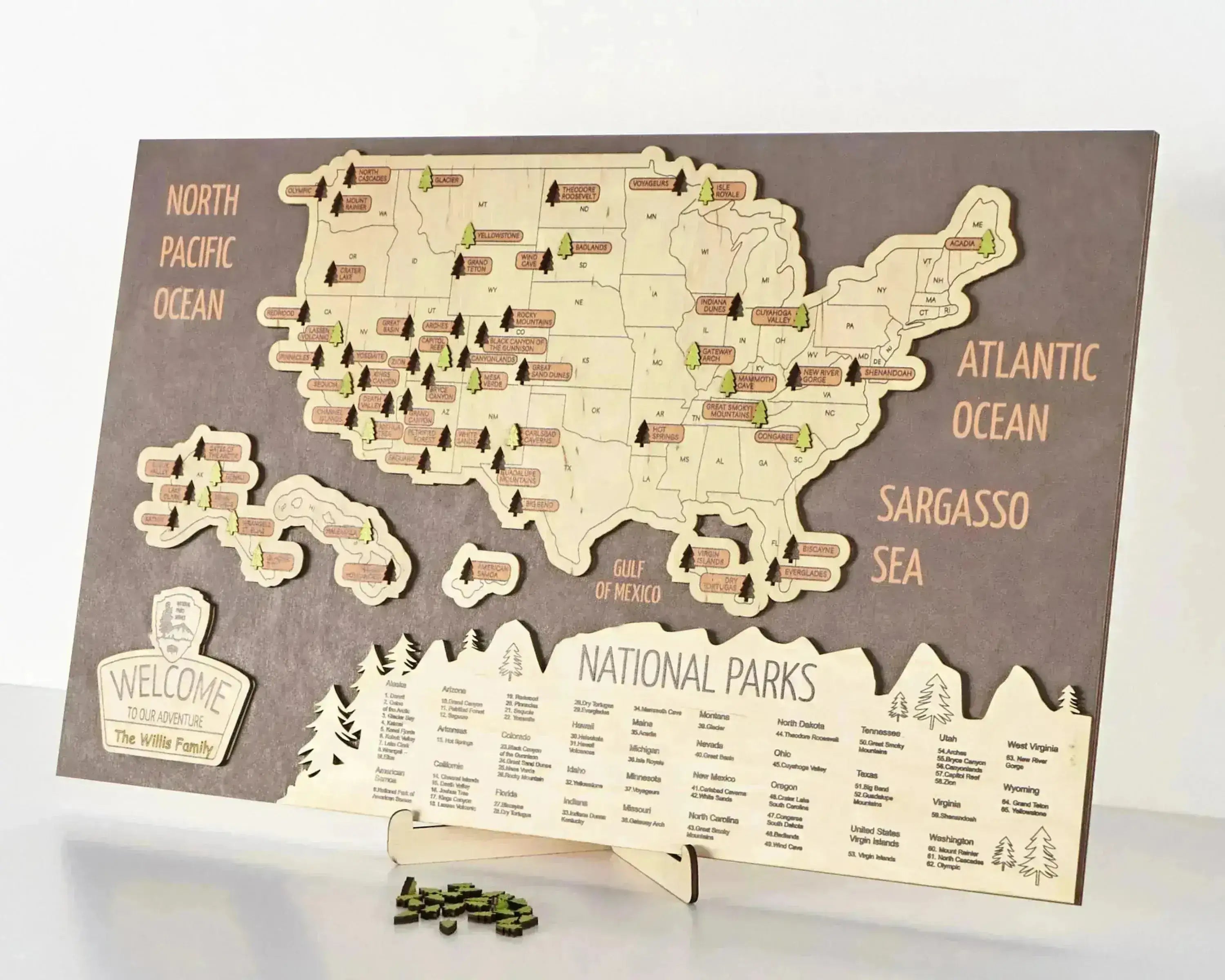 US 3D Wooden National Parks Travel Map With Trees To Record Park Visits (New Coffee) - Lemap