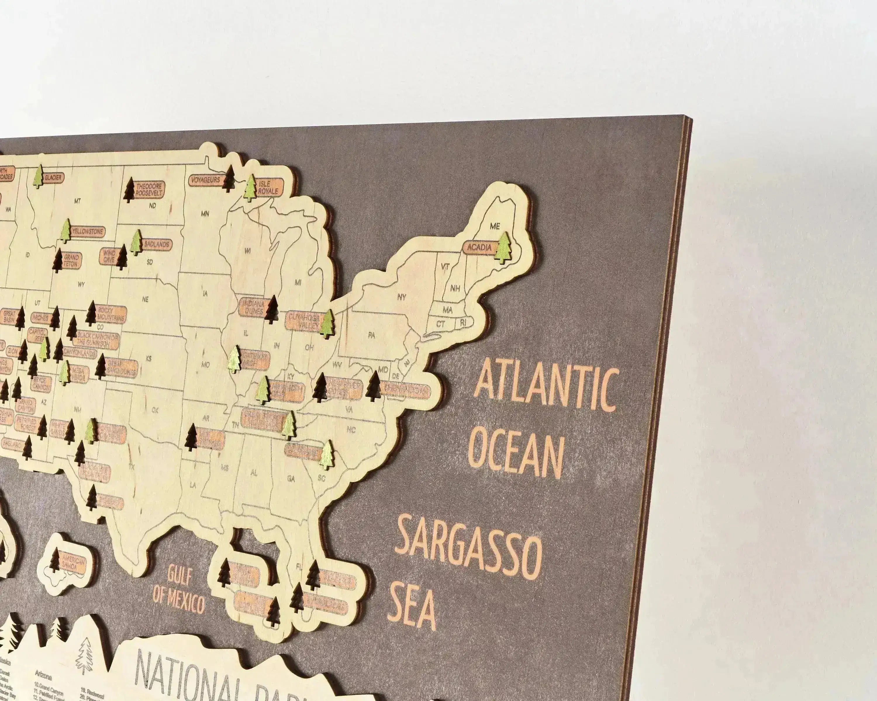US 3D Wooden National Parks Travel Map With Trees To Record Park Visits (New Coffee) - Lemap